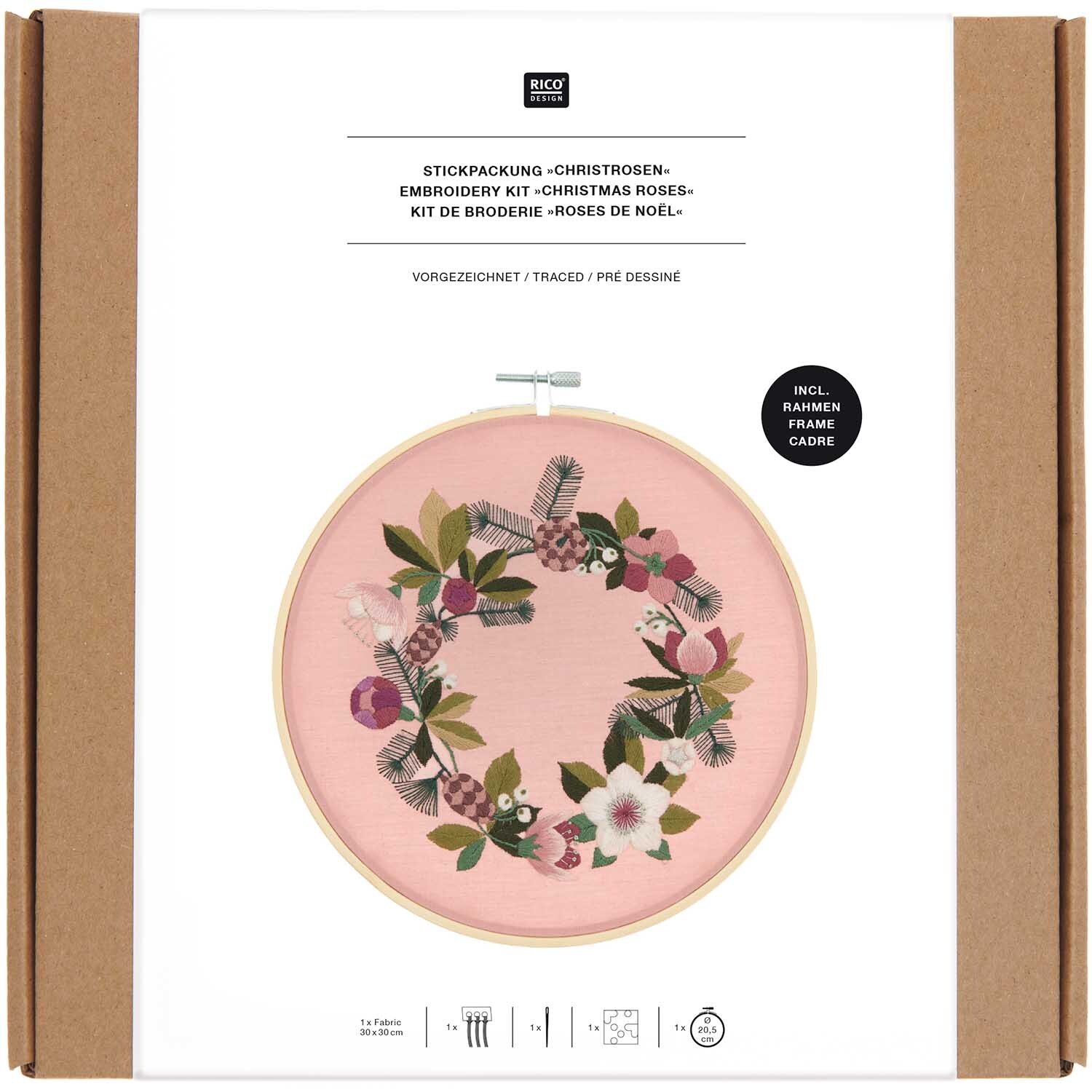 Paquet de broderie Image Roses de Noël pré-dessinée  Ø20,5cm from Rico Design