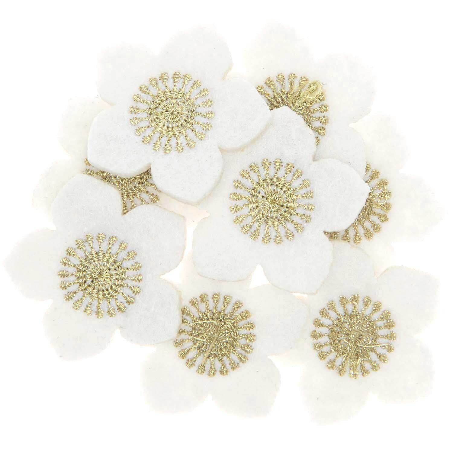 Filzstreu Christrosen bestickt in Weiß-Gold, 3,5x3,4cm, 8 Stück von Rico Design. Elegante Dekoration.