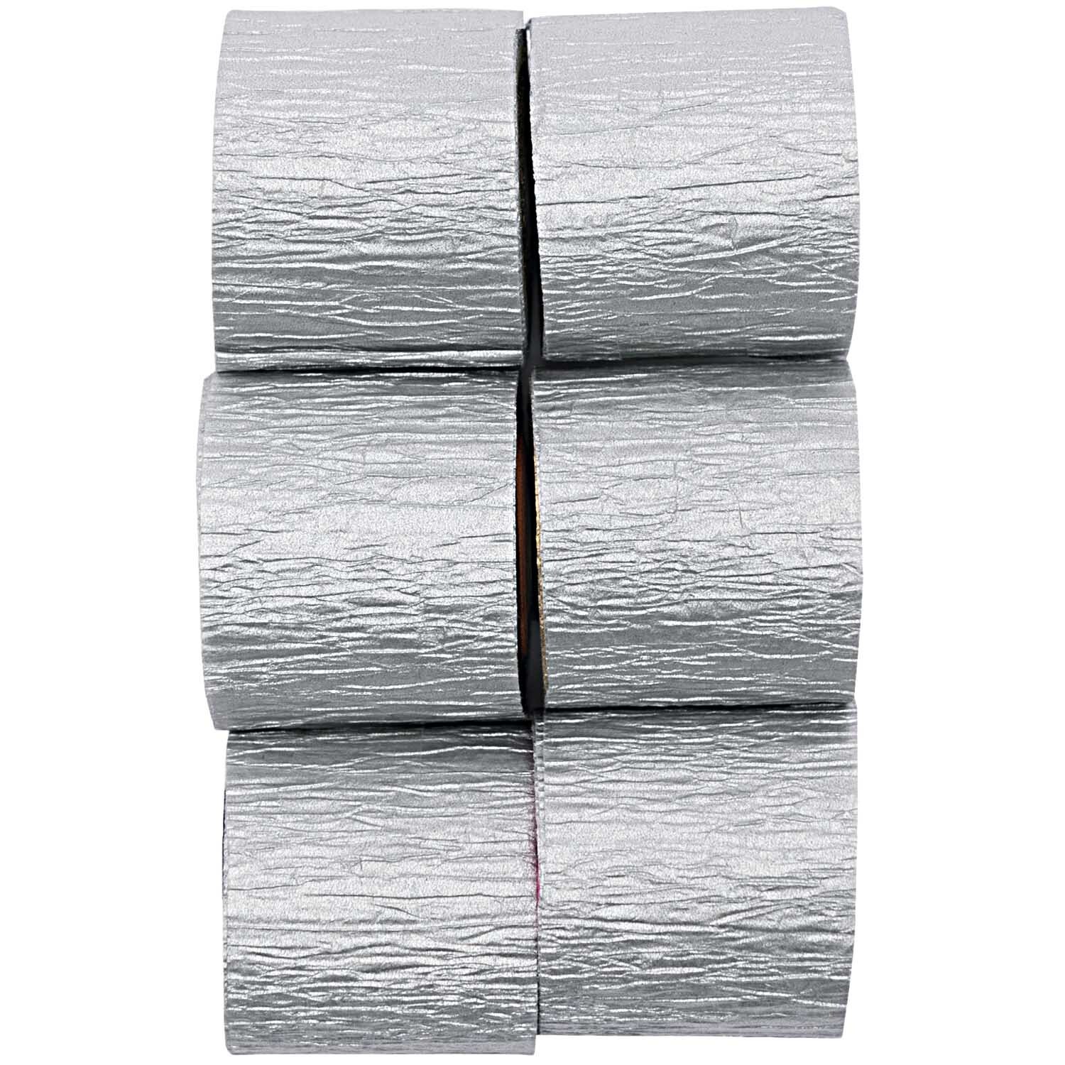 Kreppbänder silber 3,5cm 10m 6 Stück von Rico Design, gestapelt in zwei Reihen, glänzende Oberfläche.
