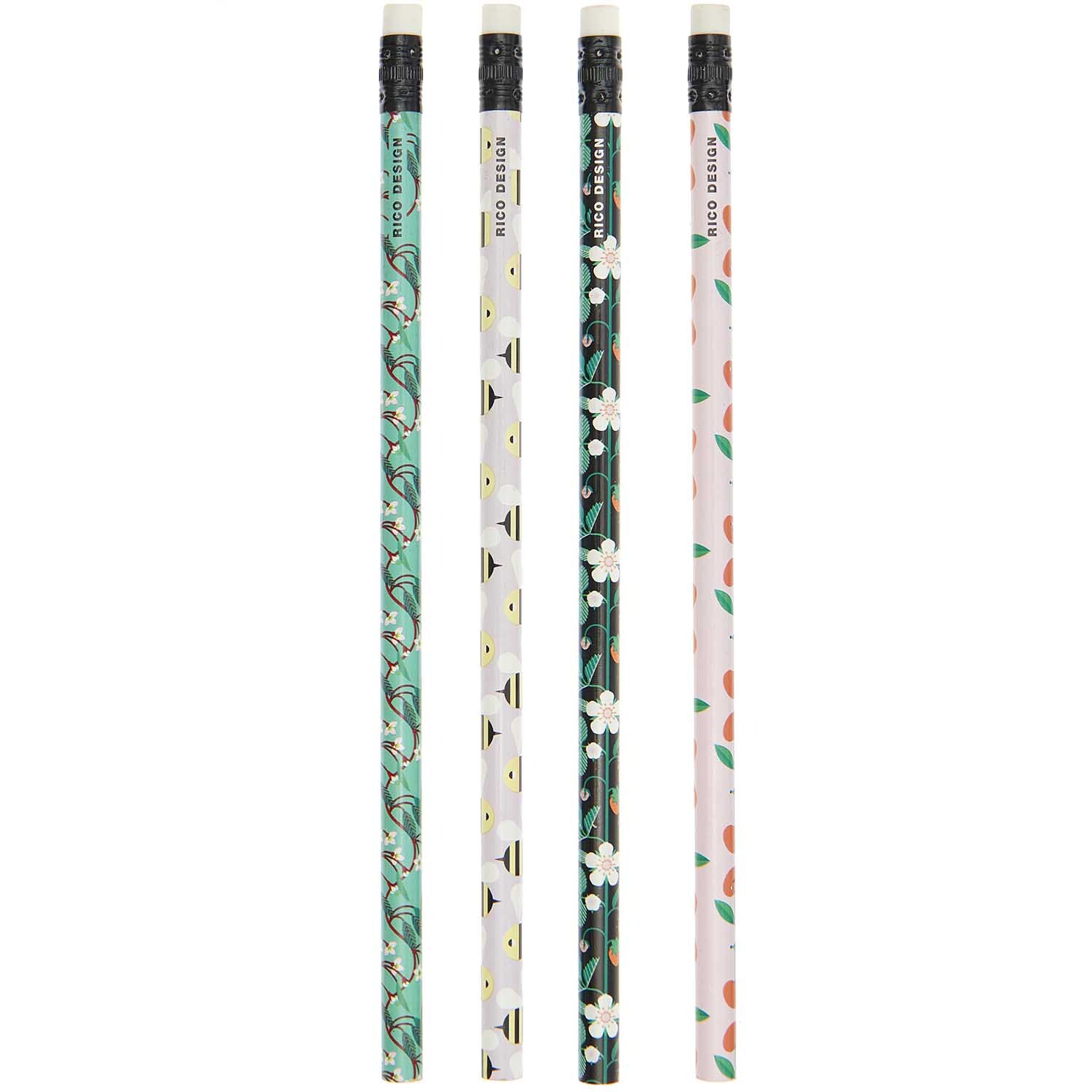 Paper Poetry Bleistift-Set 4 Stück von Rico Design mit bunten Mustern und Radiergummis. Ideal für kreative Projekte und stilvolles Schreiben.