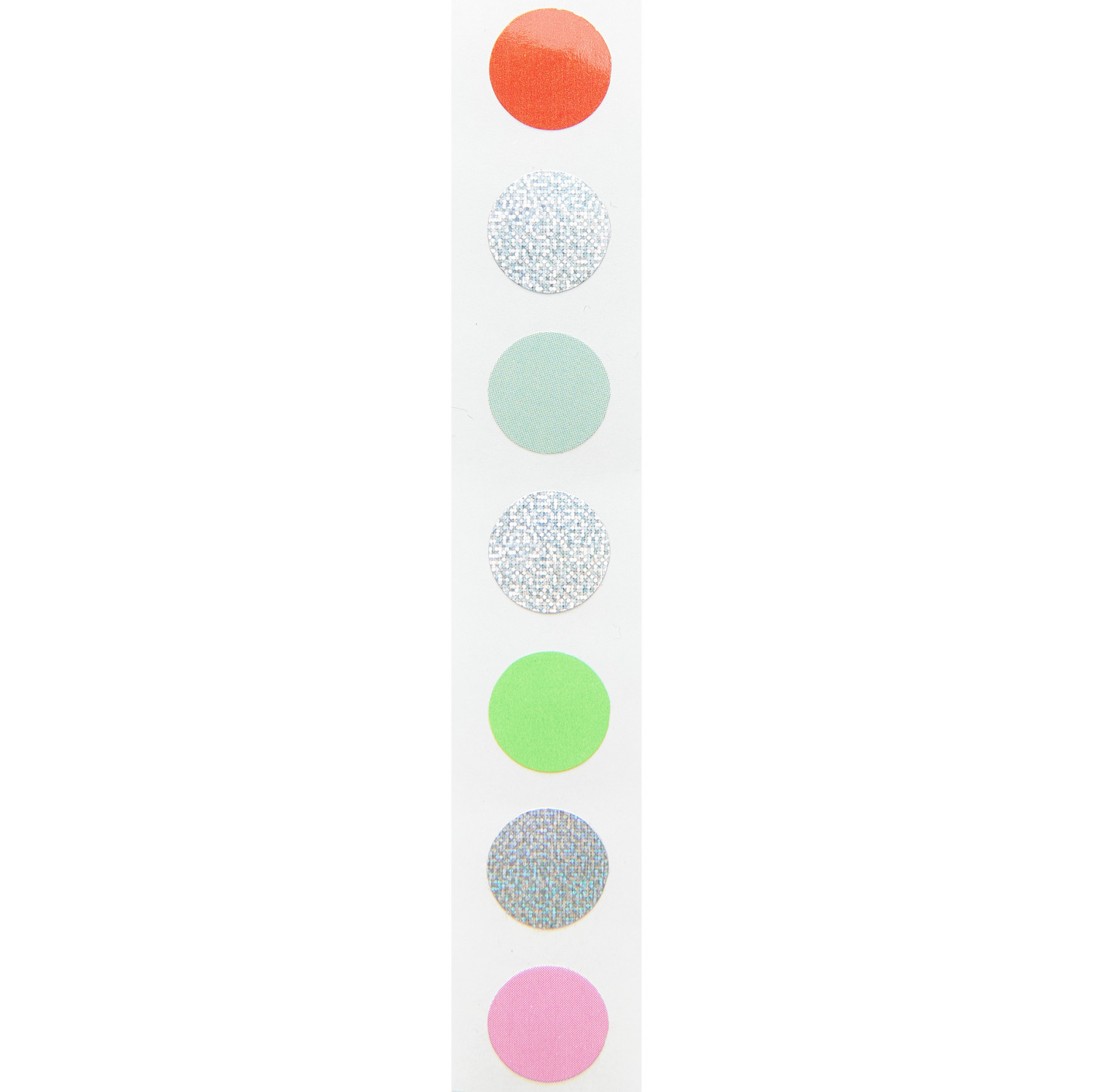 Mini-Sticker Kreise Neon/Silber auf der Rolle von Rico Design. Bunte, glänzende Kreise in verschiedenen Farben auf einer Rolle.