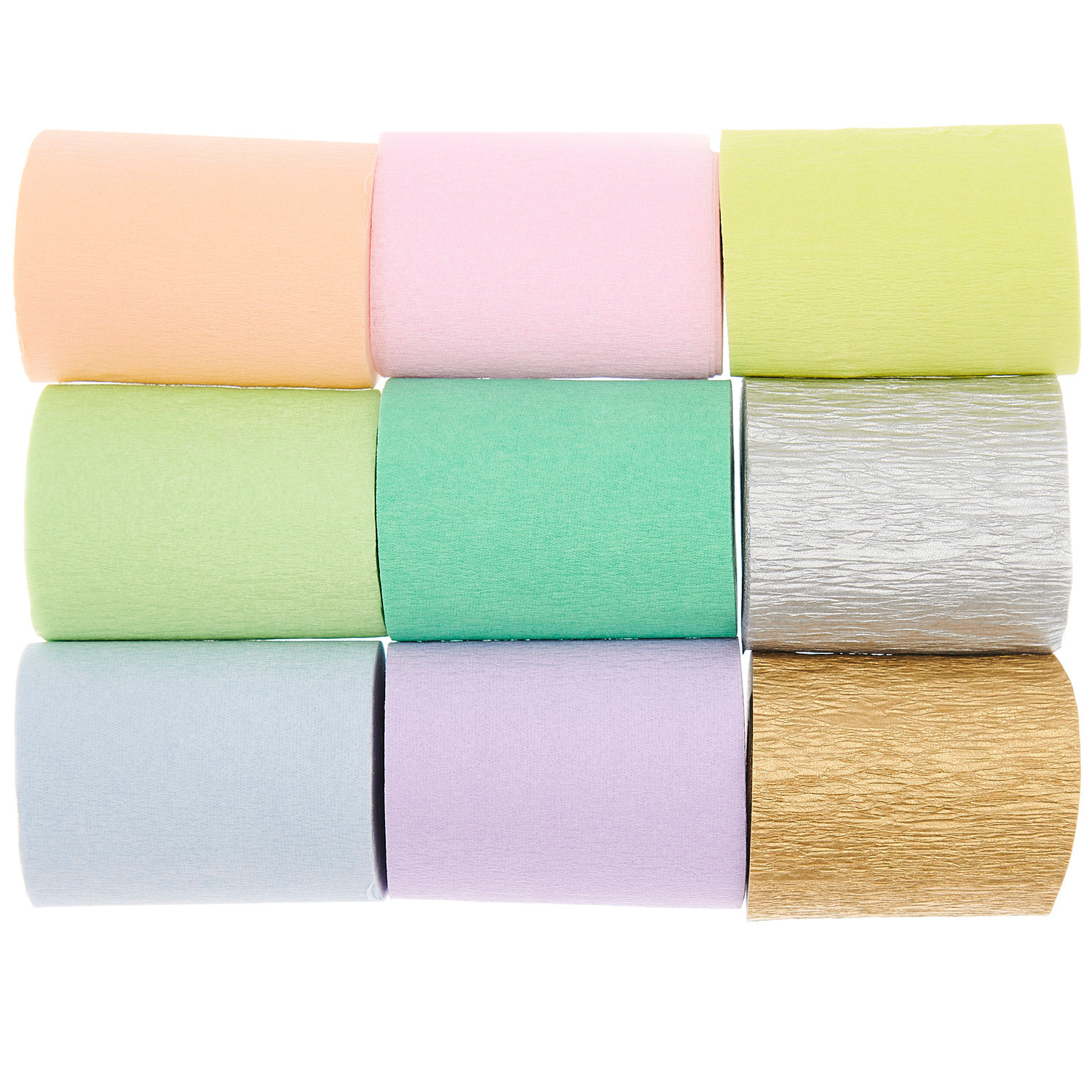 Kreppbänder extra breit Regenbogen Pastell Mix, 9 Stück, 5,5cmx10m, in sanften Pastellfarben.