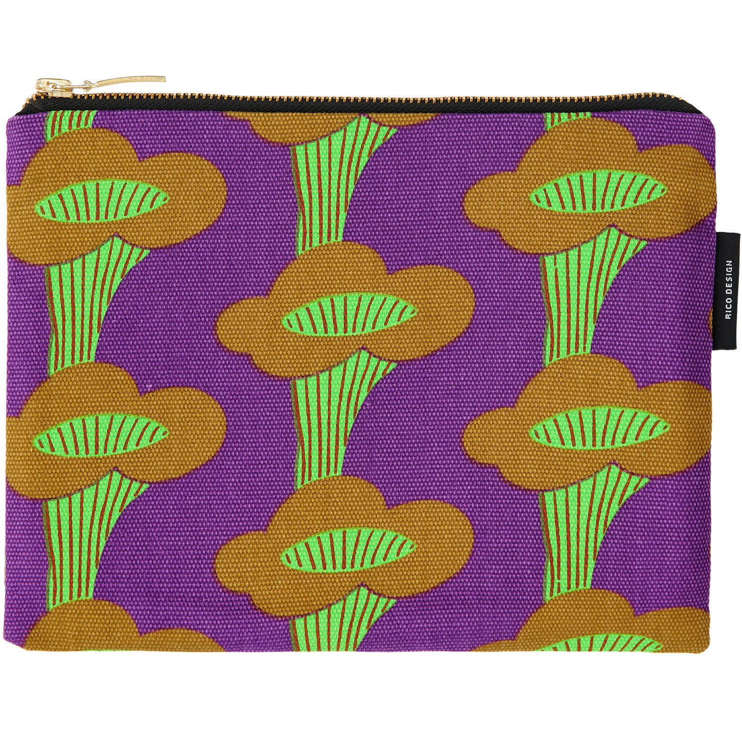 Canvas-Pouches Pfifferlinge Neon Violett mit grün-braunem Pilzmuster, 17x23cm, Reißverschluss.