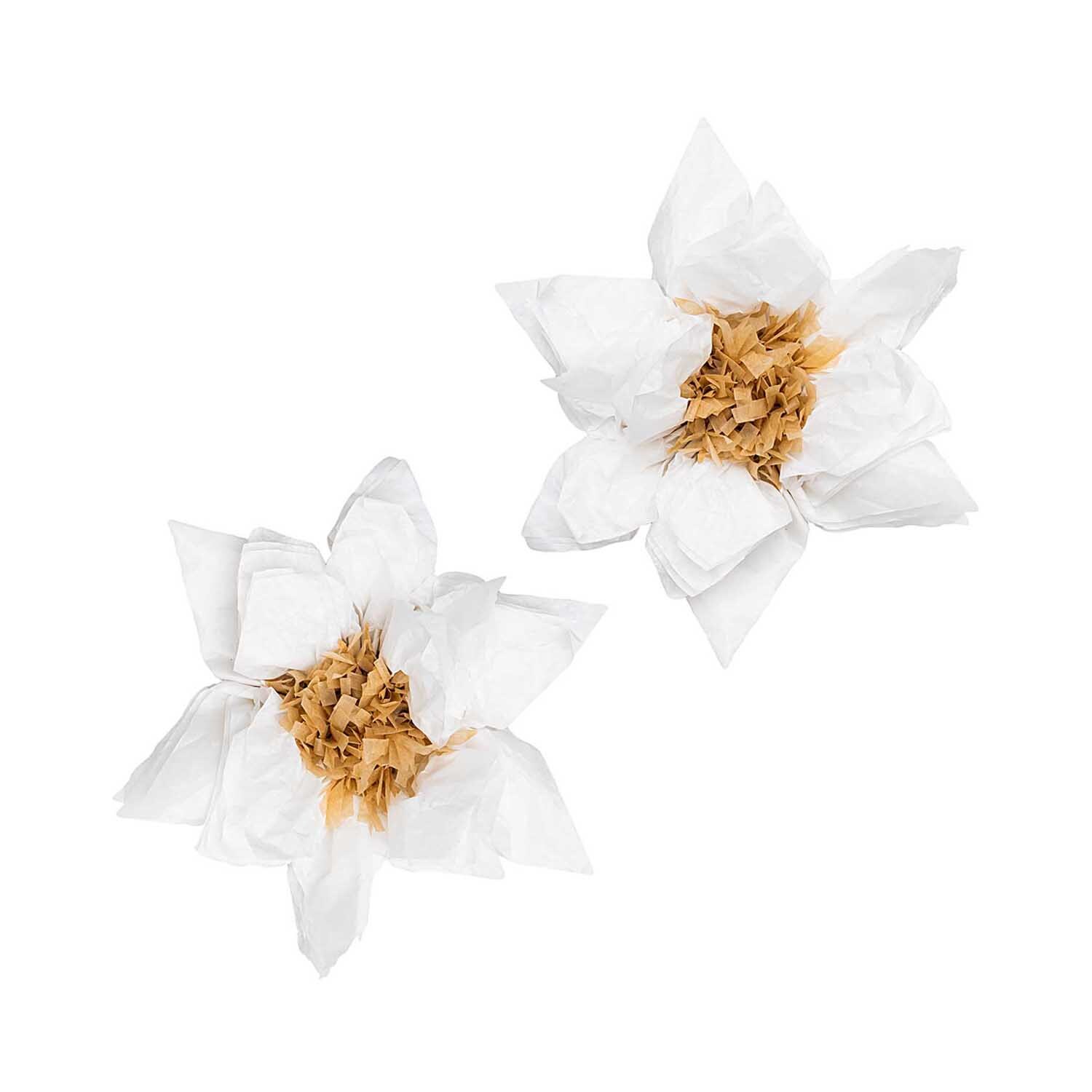 Seidenpapierblumen Weihnachtsstern von Rico Design, zwei weiße Blumen mit goldener Mitte, 25 cm.