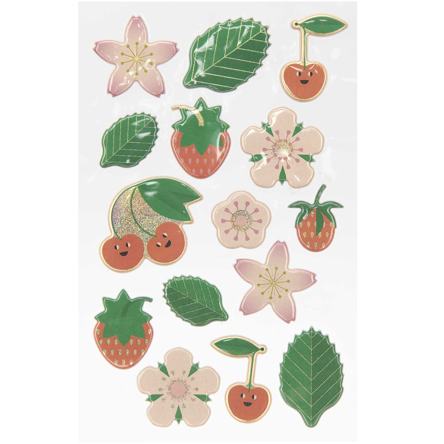Paper Poetry 3D-Sticker mit Erdbeeren, Kirschen und Blumen von Rico Design auf weißem Hintergrund.