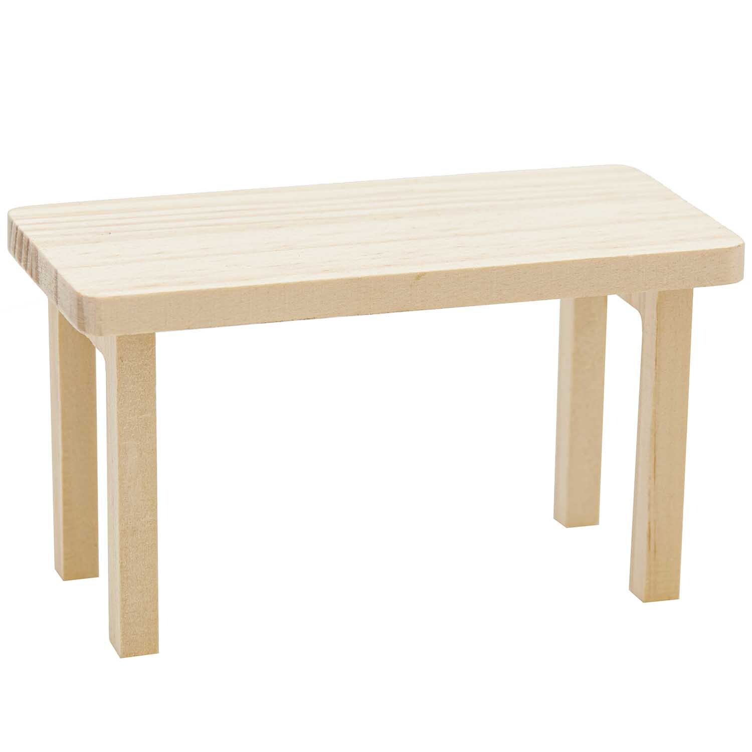 Miniatur Tisch rechteckig aus hellem Holz von Rico Design, ideal für Puppenhäuser, 12x6x6,5cm.