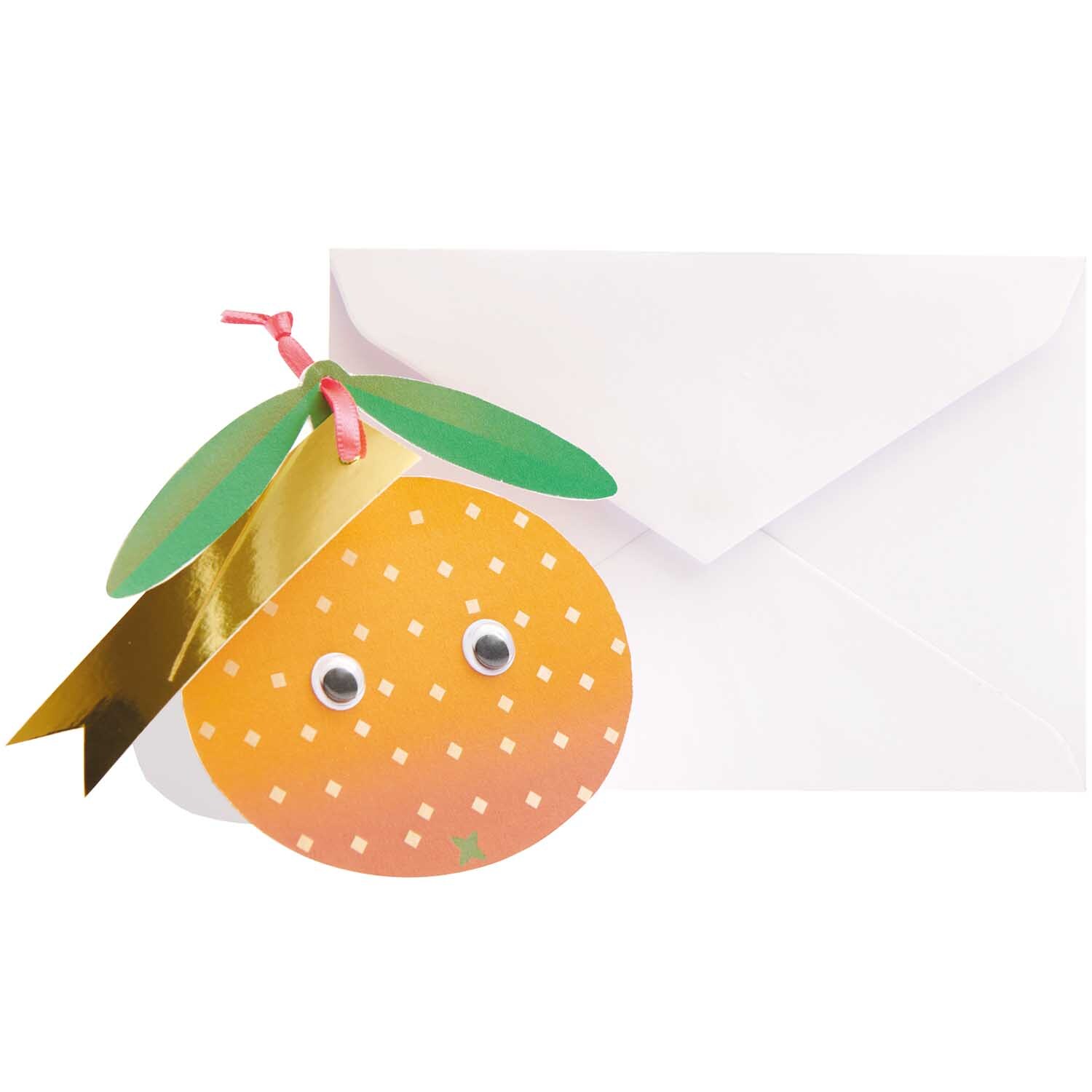 Paper Poetry Karte mit Wackelaugen in Orange, gestaltet von Rico Design, neben einem weißen Umschlag.