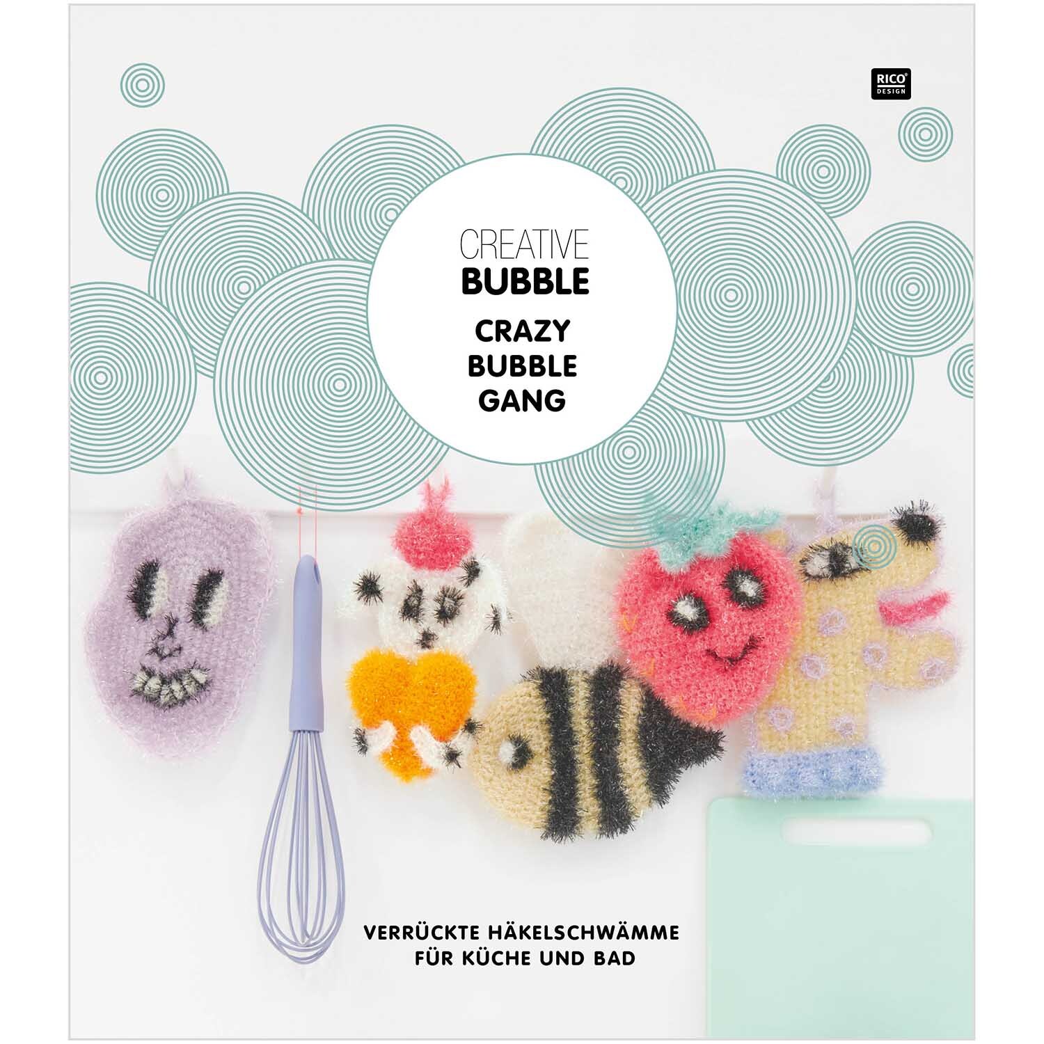 Crazy Bubble Gang: Bunte, gehäkelte Schwämme von Rico Design, ideal für Küche und Bad, mit lustigen Gesichtern und Formen.