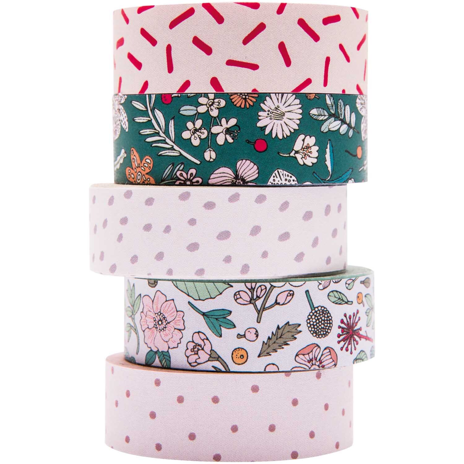 Paper Poetry Tape Set Hygge Flowers: Ein 5-teiliges Set dekorativer Klebebänder mit floralen Mustern und verschiedenen Farben. Ideal für kreative Projekte.