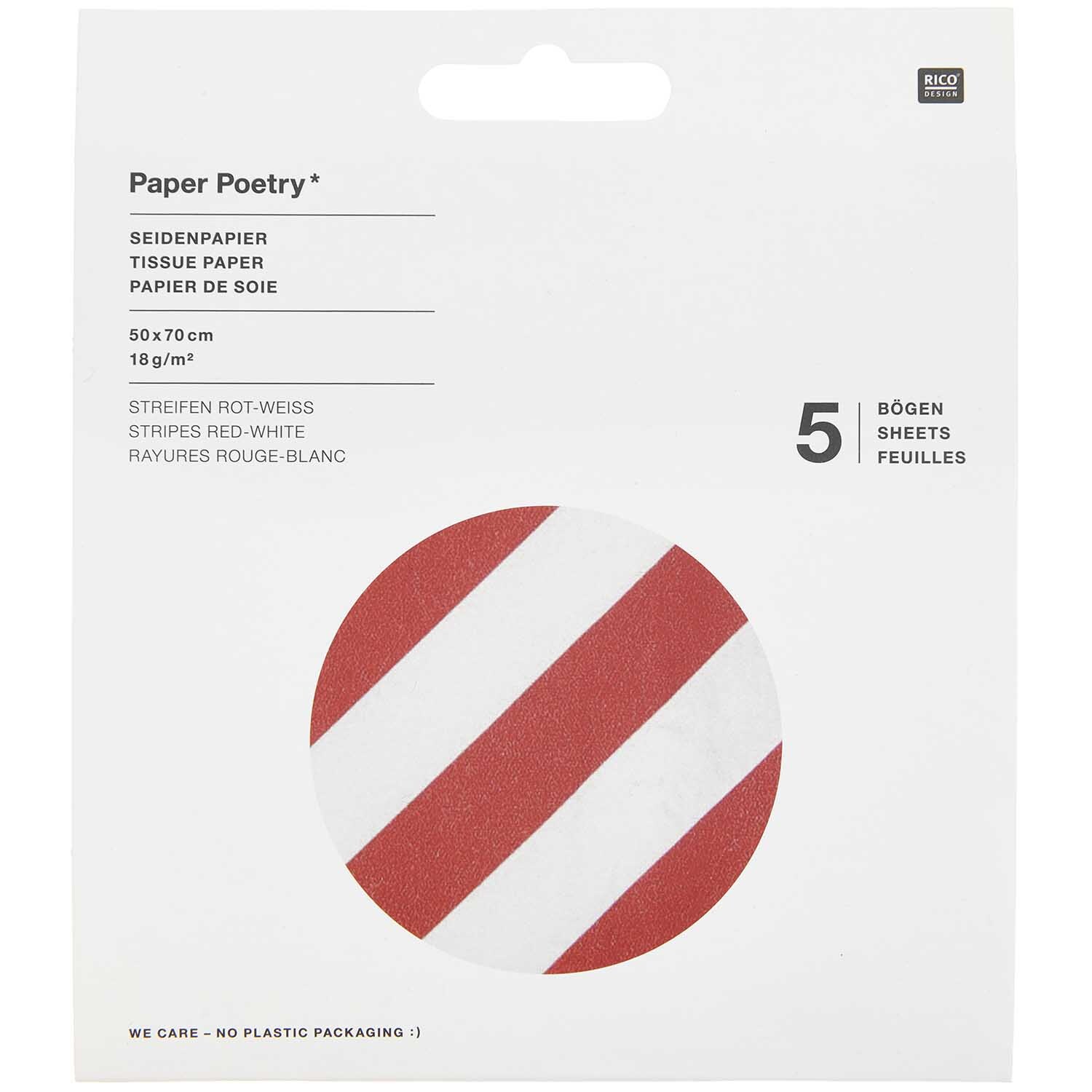 Paper Poetry Seidenpapier Streifen rot-weiß 50x70cm 5 Bogen von Rico Design