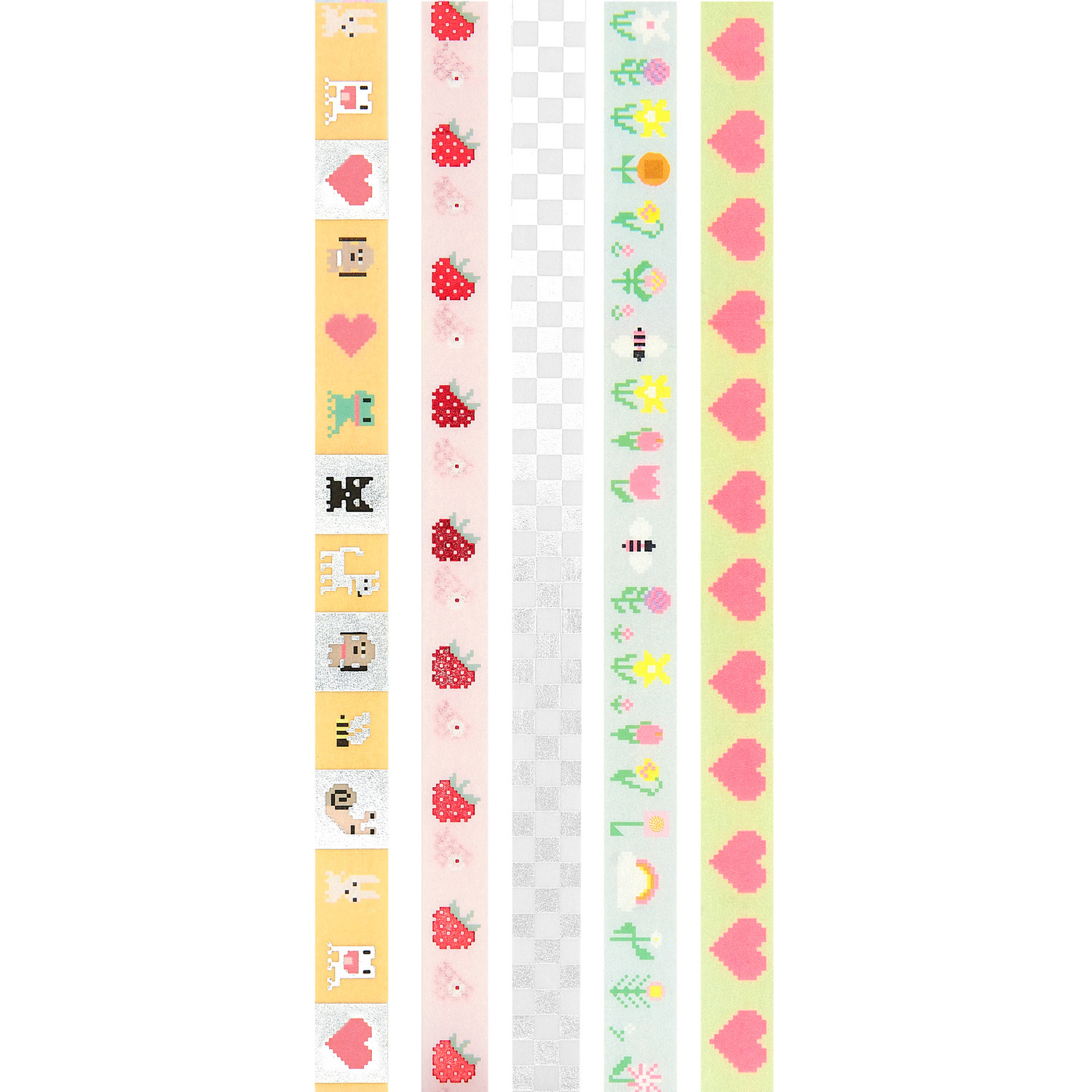 Paper Poetry Tape Set Futschikato Pixel 1,5cmx10m 5 Stück von Rico Design Paper Poetry Tape Set Futschikato Pixel, 1,5cmx10m 5 Stück, bunte Muster mit Herzen und Blumen.