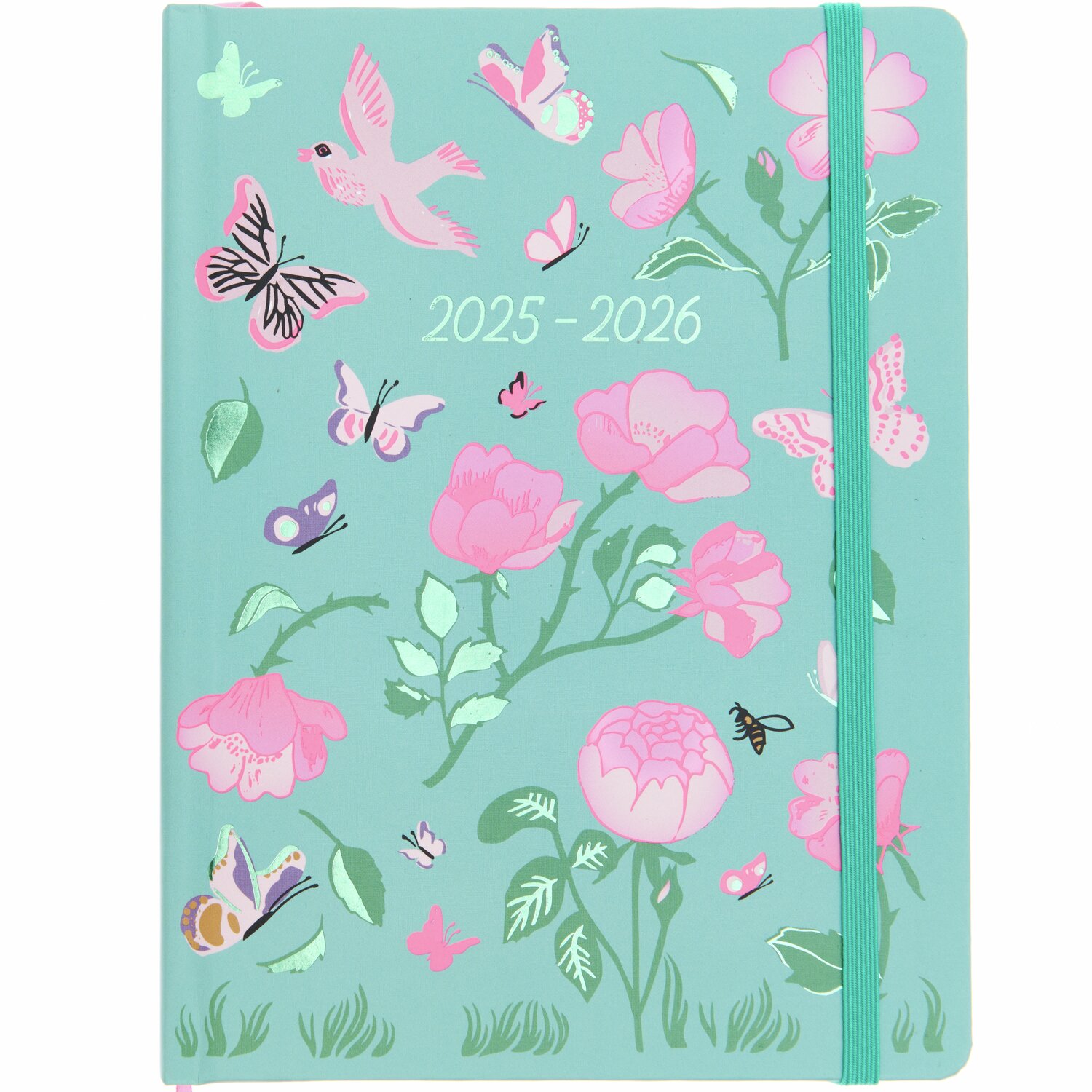 Paper Poetry Agenda 2025/2026 La Vie en Rose mit floralen Motiven, Schmetterlingen und Vögeln auf grünem Hintergrund.