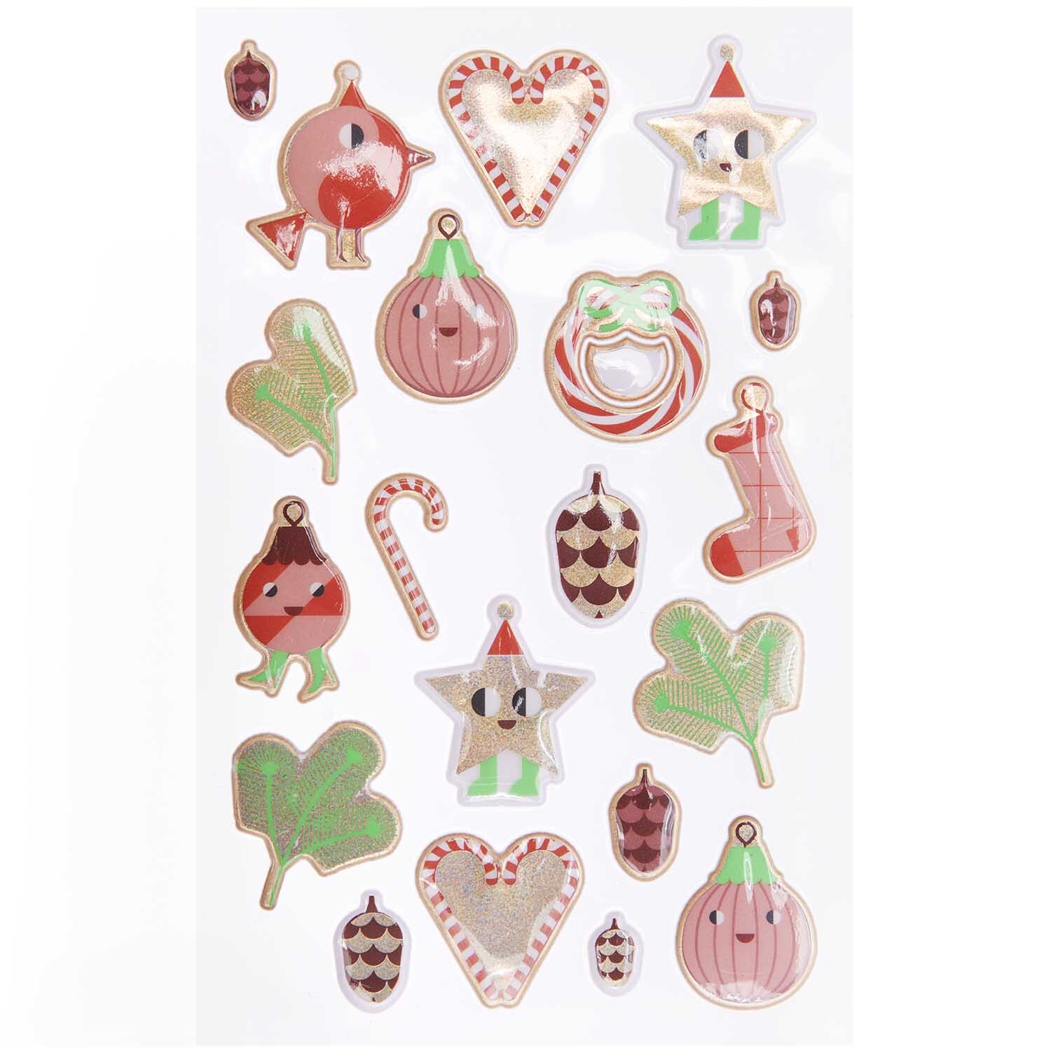 Paper Poetry Puffy-Sticker Figuren mit weihnachtlichen Motiven wie Herzen, Blättern und Zuckerstangen. Marke: Rico Design.