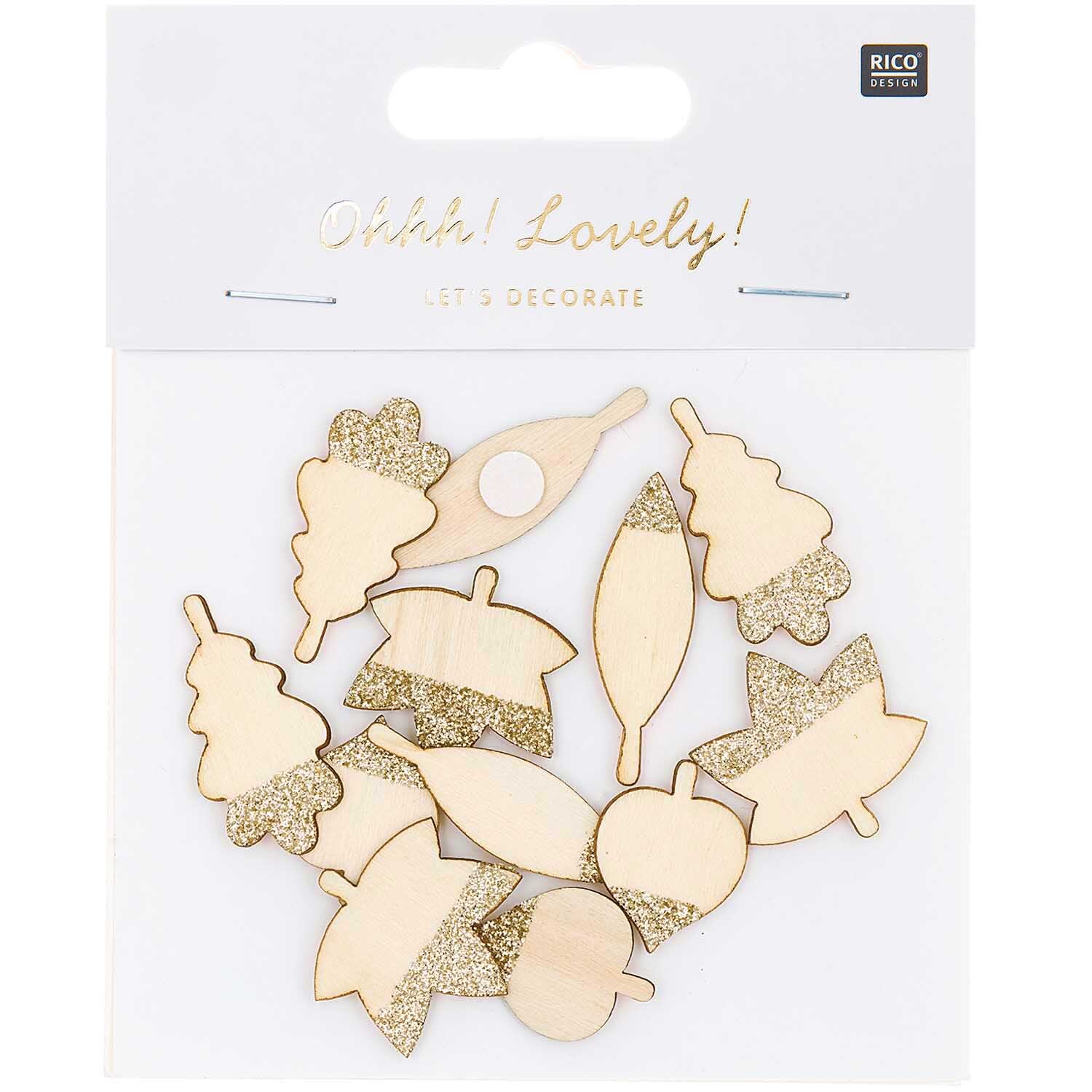 Holzsticker Blätter Mix mit Glitter natur-gold 12 Stück von Rico Design
