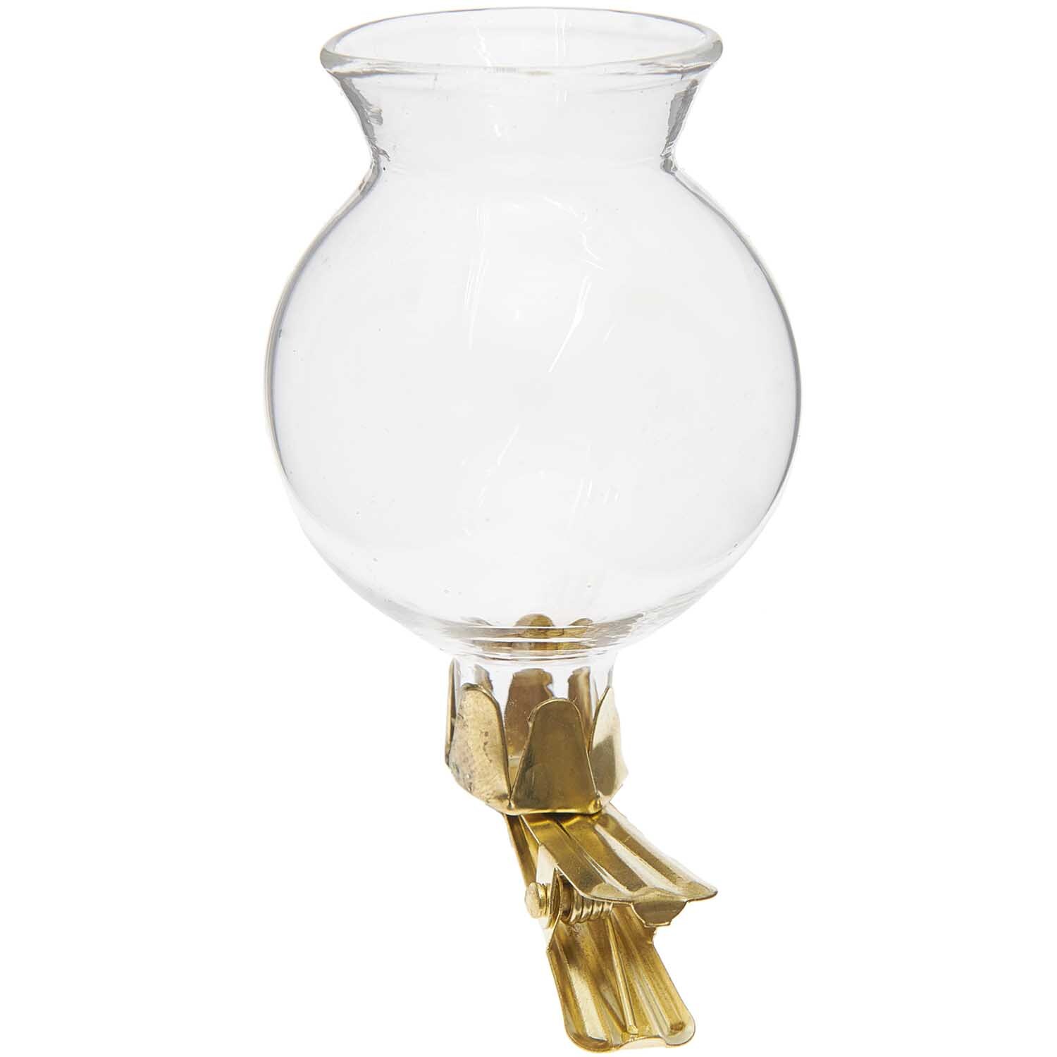 Mini Clip-Vase Glocke 4x7,5cm von Rico Design, aus klarem Glas mit goldfarbenem Clip, ideal für stilvolle Dekorationen.