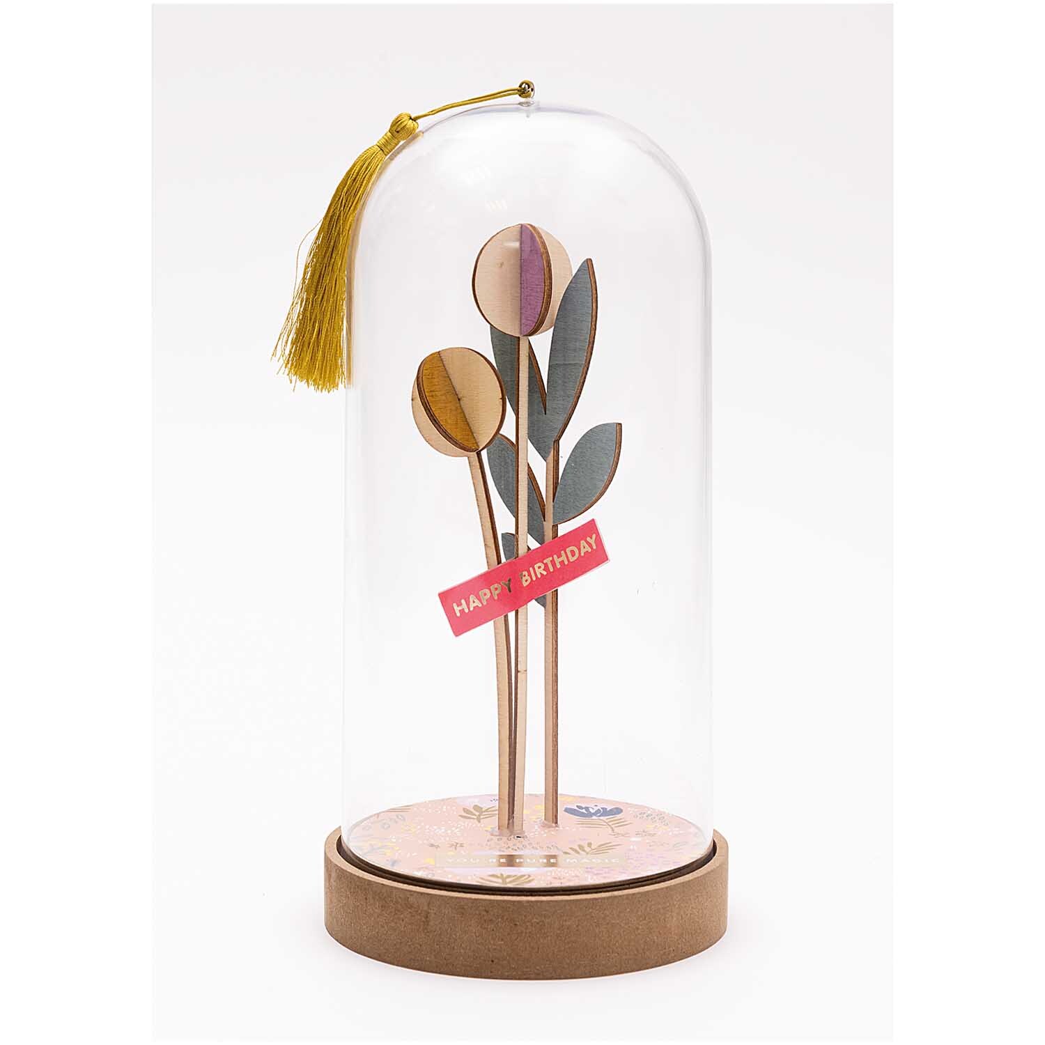 Dekohaube mit Sockel 12x27cm Gr. XL von Rico Design Dekohaube mit Sockel 12x27cm Gr. XL: Transparentes Design mit farbigen Blumen und "Happy Birthday"-Schild. Ideal als stilvolle Dekoration.