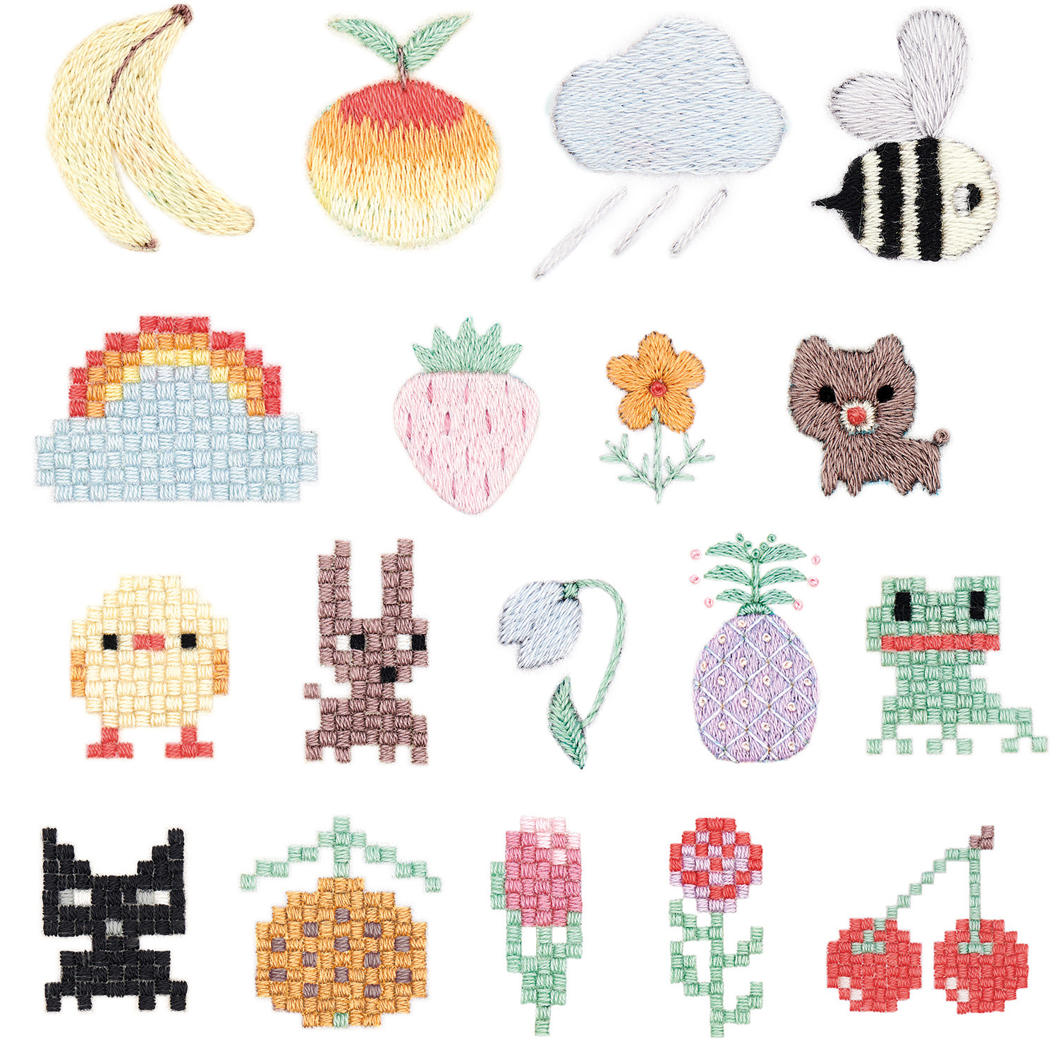 Stick and Stitch Stickpackung Pixel Art Mix vorgezeichnet, 18 bunte Motive, inkl. Banane, Wolke, Biene, Regenbogen, Frosch und Kirschen.