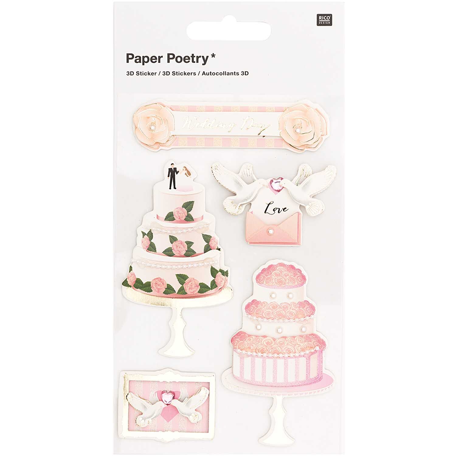 Paper Poetry 3D-Sticker Hochzeitstag mit romantischen Motiven wie Torten und Tauben, ideal für kreative Projekte.