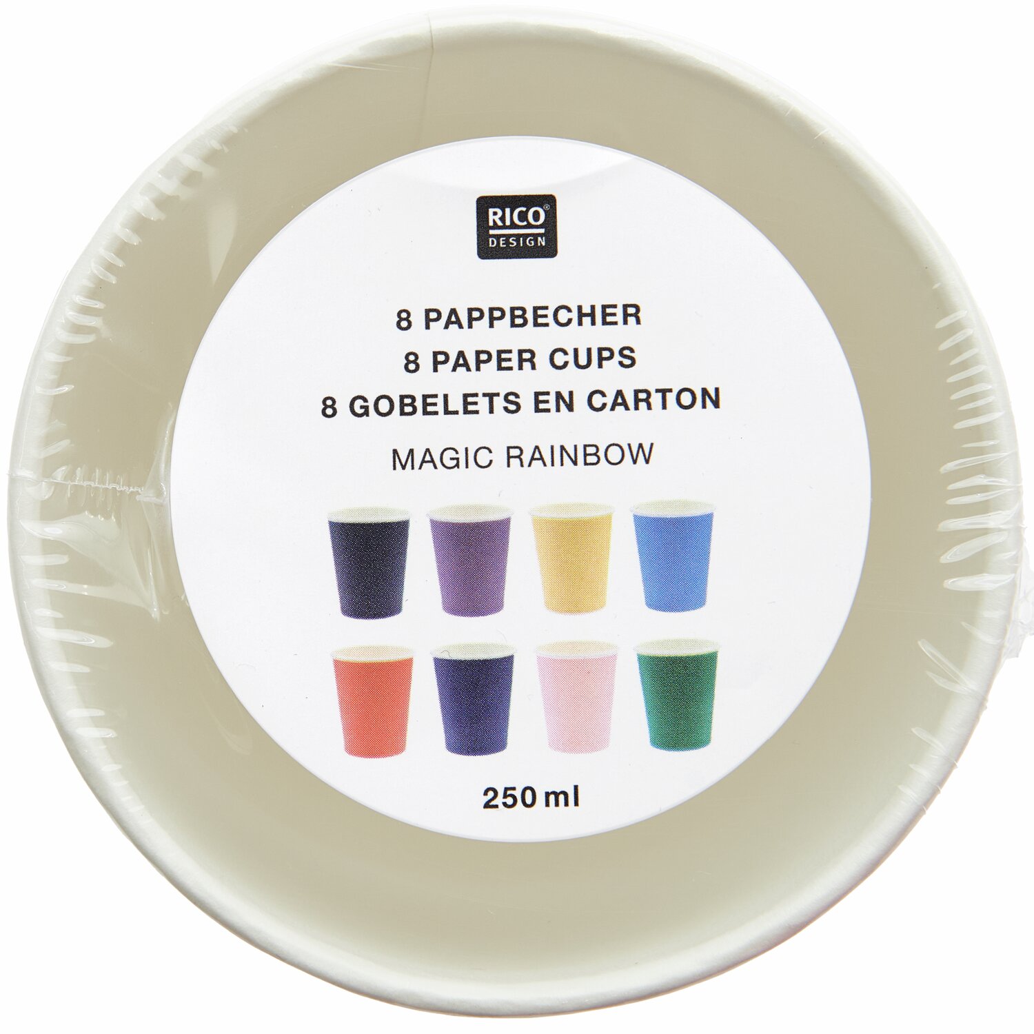 Pappbecher Magic Rainbow 250ml 8 Stück von Rico Design Pappbecher Magic Rainbow von Rico Design, 8 Stück, 250ml, in verschiedenen Regenbogenfarben auf weißem Hintergrund.