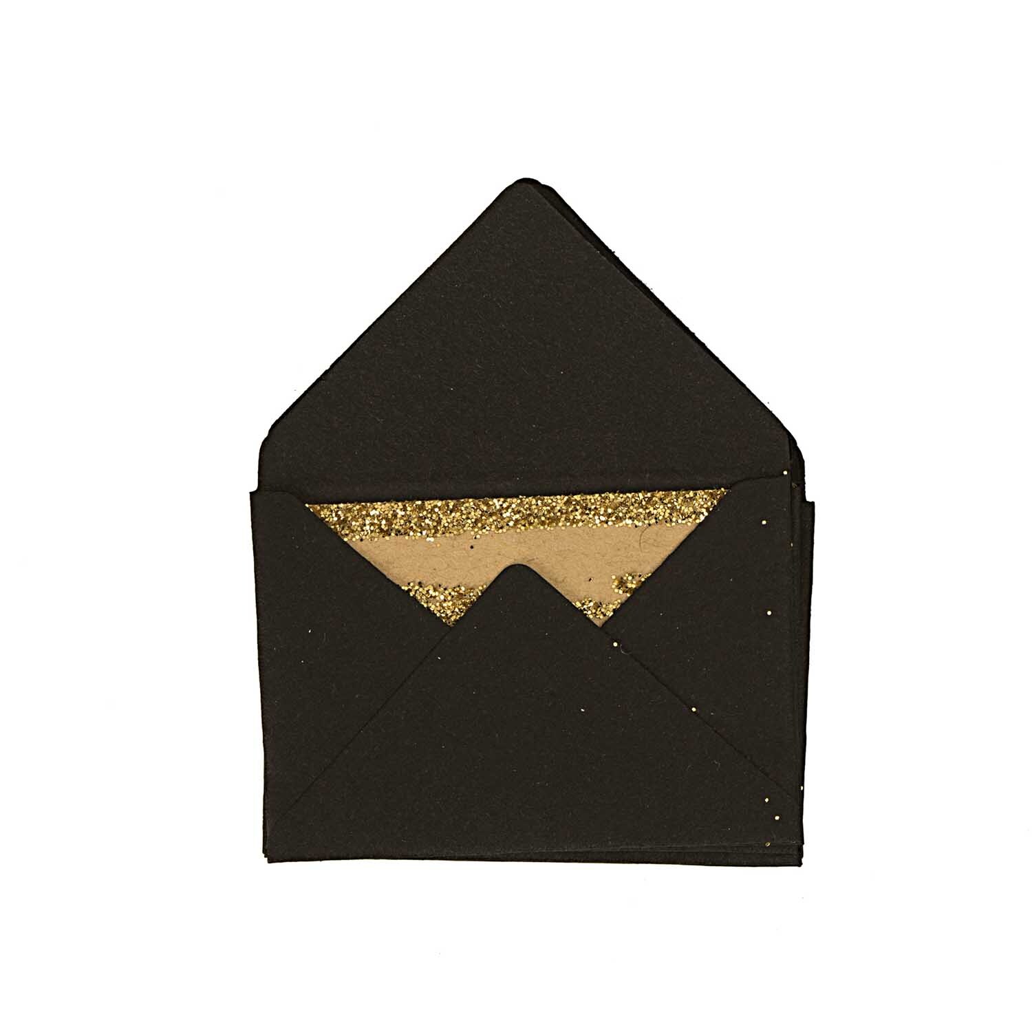 Paper Poetry Mini Briefe in Schwarz von Rico Design, geöffnet mit goldener Verzierung, 3x4,5cm.