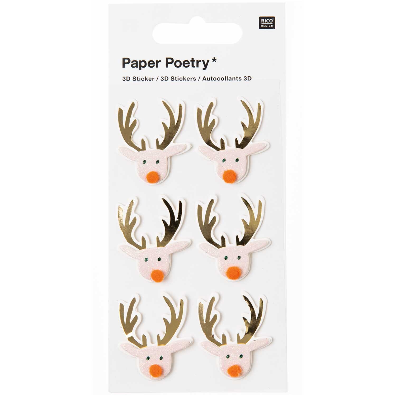 Paper Poetry 3D Sticker Rentier puder zeigt sechs rosa Rentier-Sticker mit goldenen Geweihen. Ideal für kreative Bastelprojekte.