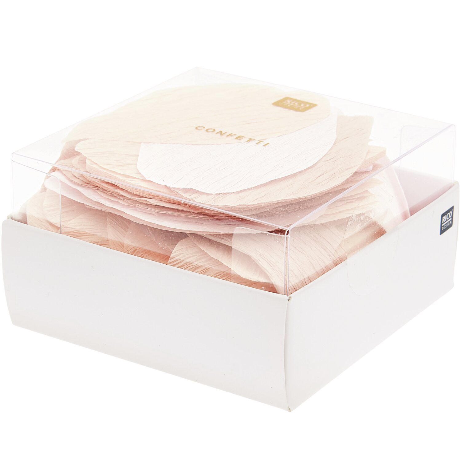 Krepp-Konfetti Rosenblätter groß 20g Farbe Rosa von Rico Design Krepp-Konfetti Rosenblätter groß, 20g, von Rico Design in zartem Rosa, verpackt in einer transparenten Box. Ideal für Dekorationen.