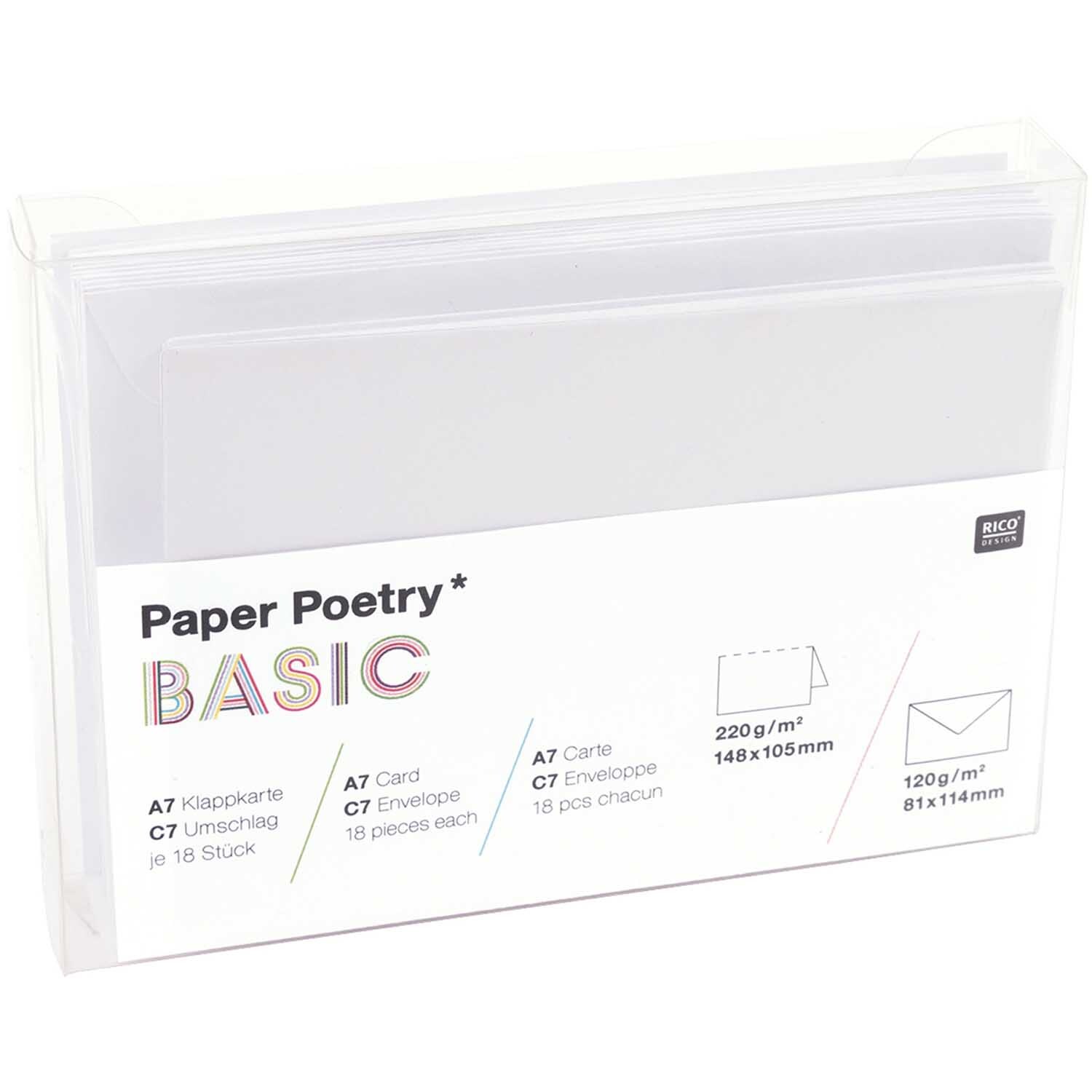 Paper Poetry Kartenset Basic in A7/C7-Format, 30-teilig, von Rico Design, zeigt weiße Karten und Umschläge in einer transparenten Verpackung.