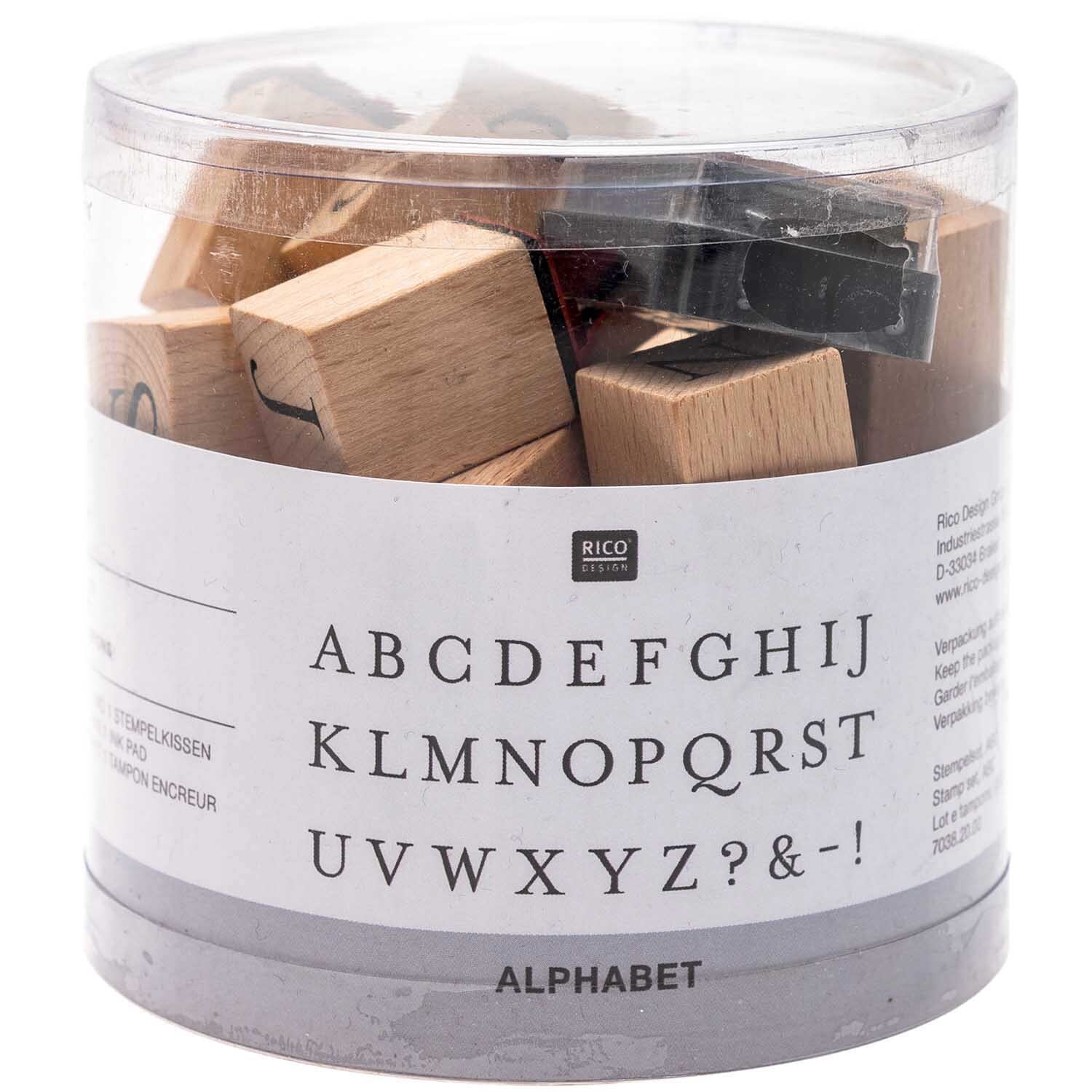 Stempelset ABC 2x2cm: 31-teiliges Set von Rico Design in einer transparenten Box mit Buchstabenstempeln.