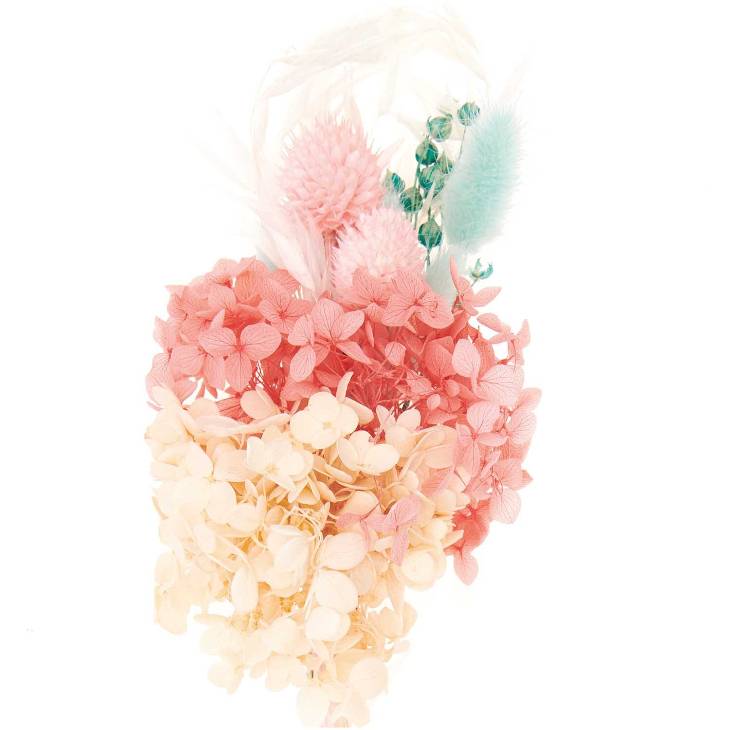 Trockenblumenstrauß pastell-türkis 30cm von Rico Design, 13-teilig. Enthält rosa und türkisfarbene Blüten in einem eleganten Arrangement.