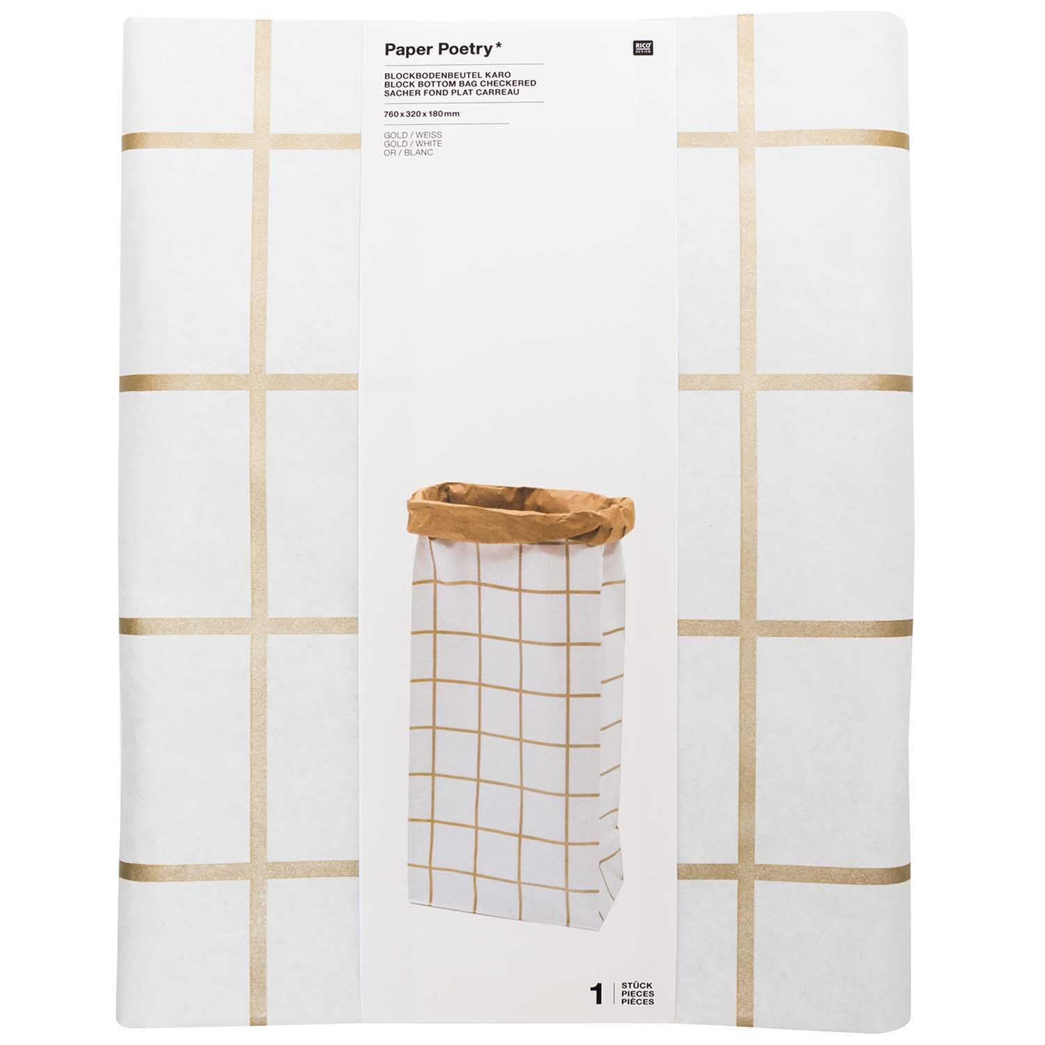 Paper Poetry Maxi-Blockbodenbeutel XL Karo 76x32x18cm 1 Stück Farbe Weiß-Braun-Gold von Rico Design