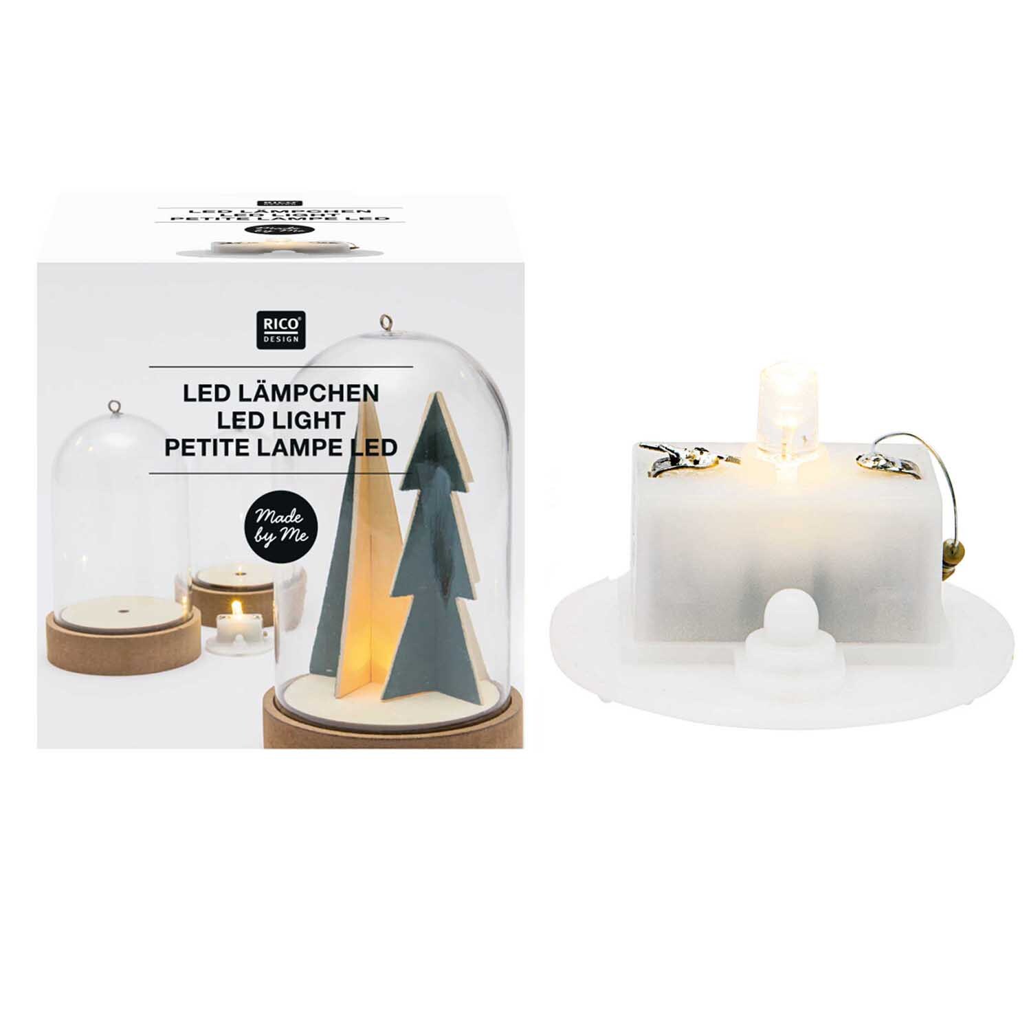 LED-Lämpchen warm-weiß von Rico Design, dekorativ in einer Glaskuppel mit Tannenbaum-Motiv.