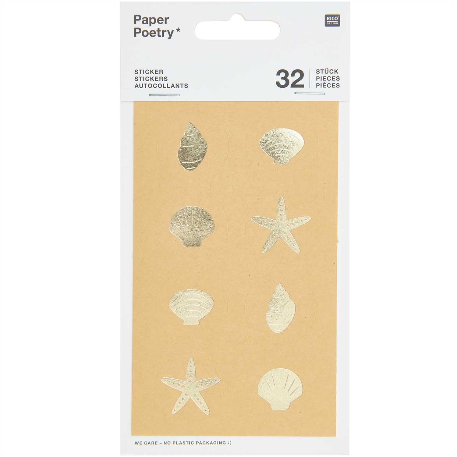 Paper Poetry Sticker Muscheln 4 Blatt mit goldenen Muschel- und Seesternmotiven von Rico Design. Ideal für kreative Projekte und Dekorationen.