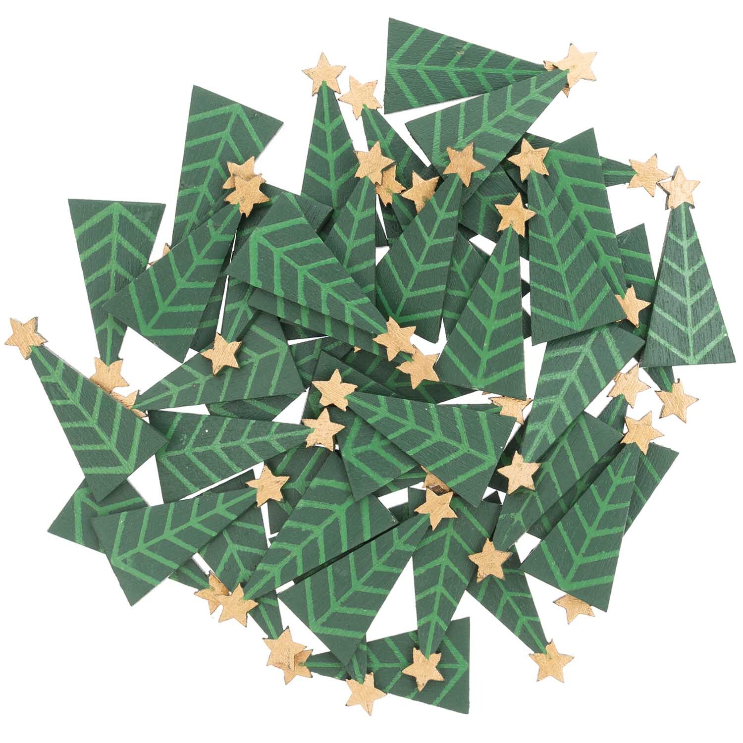 Holzstreu Tannenbaum 15x30mm 48 Stück von Rico Design in Grün, dekoriert mit kleinen Sternen. Ideal für festliche Bastelprojekte und Dekorationen.