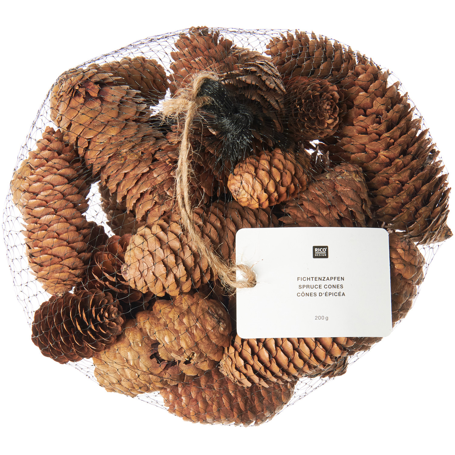 Fichtenzapfen 200g Farbe Natur von Rico Design Fichtenzapfen in einem Netzbeutel von Rico Design, ideal für natürliche Dekorationen.