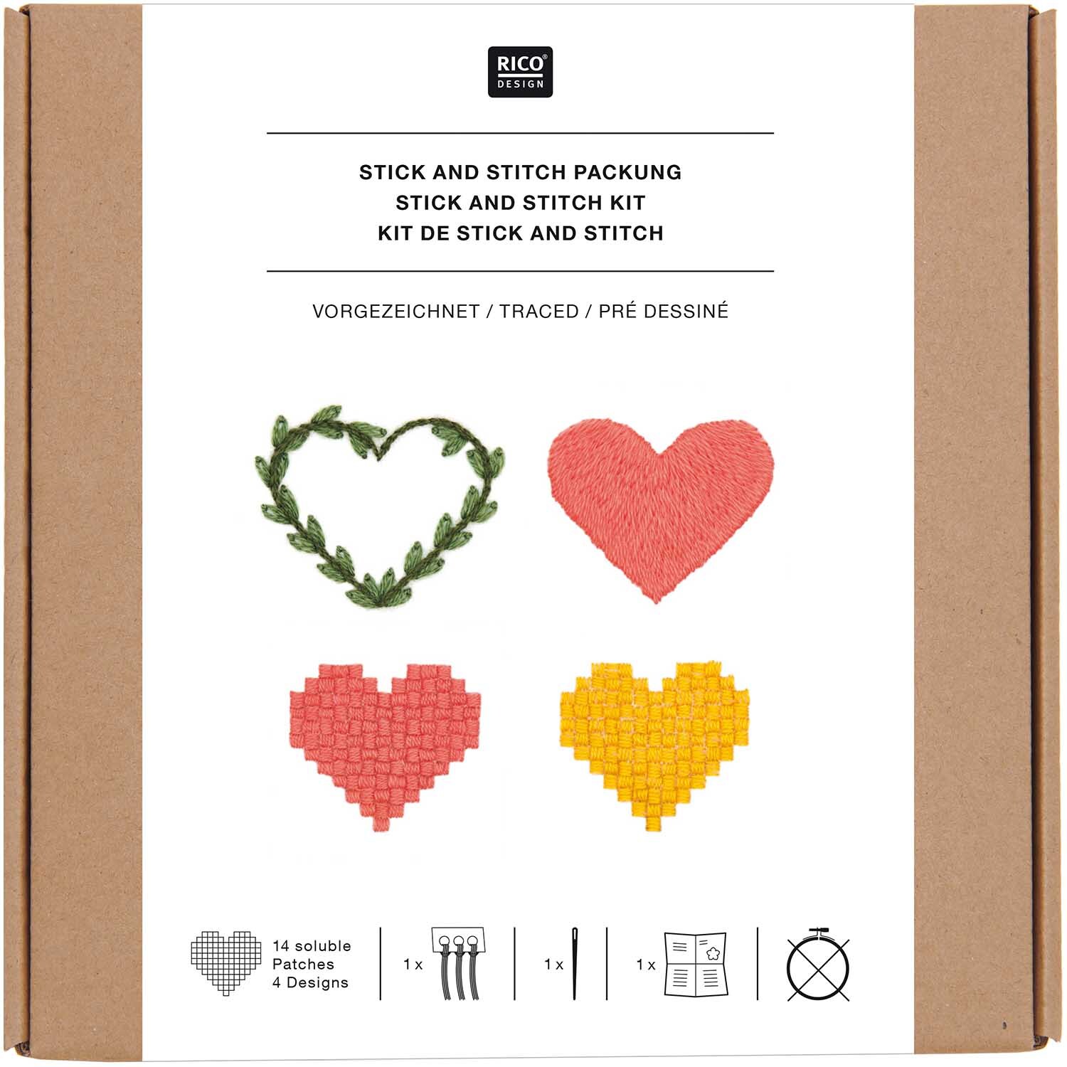 Stick and Stitch Kit de broderie Pixel Art coeurs pré-dessinés 14 pièces from Rico Design
