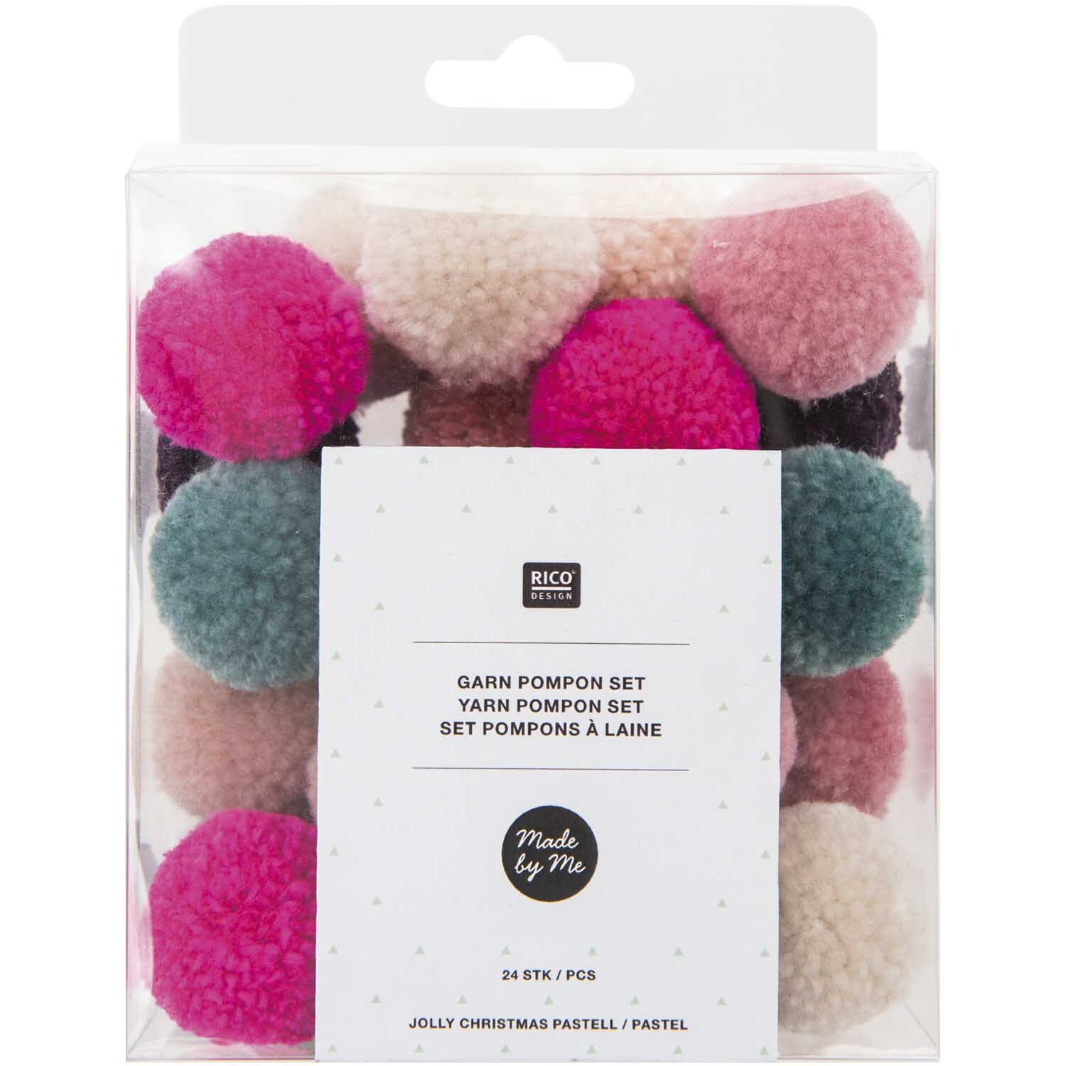 Garn Pompons 24 Stück Farbe Rosa-Grün Mix von Rico Design Garn Pompons 24 Stück in Rosa-Grün Mix von Rico Design, präsentiert in einer transparenten Verpackung.