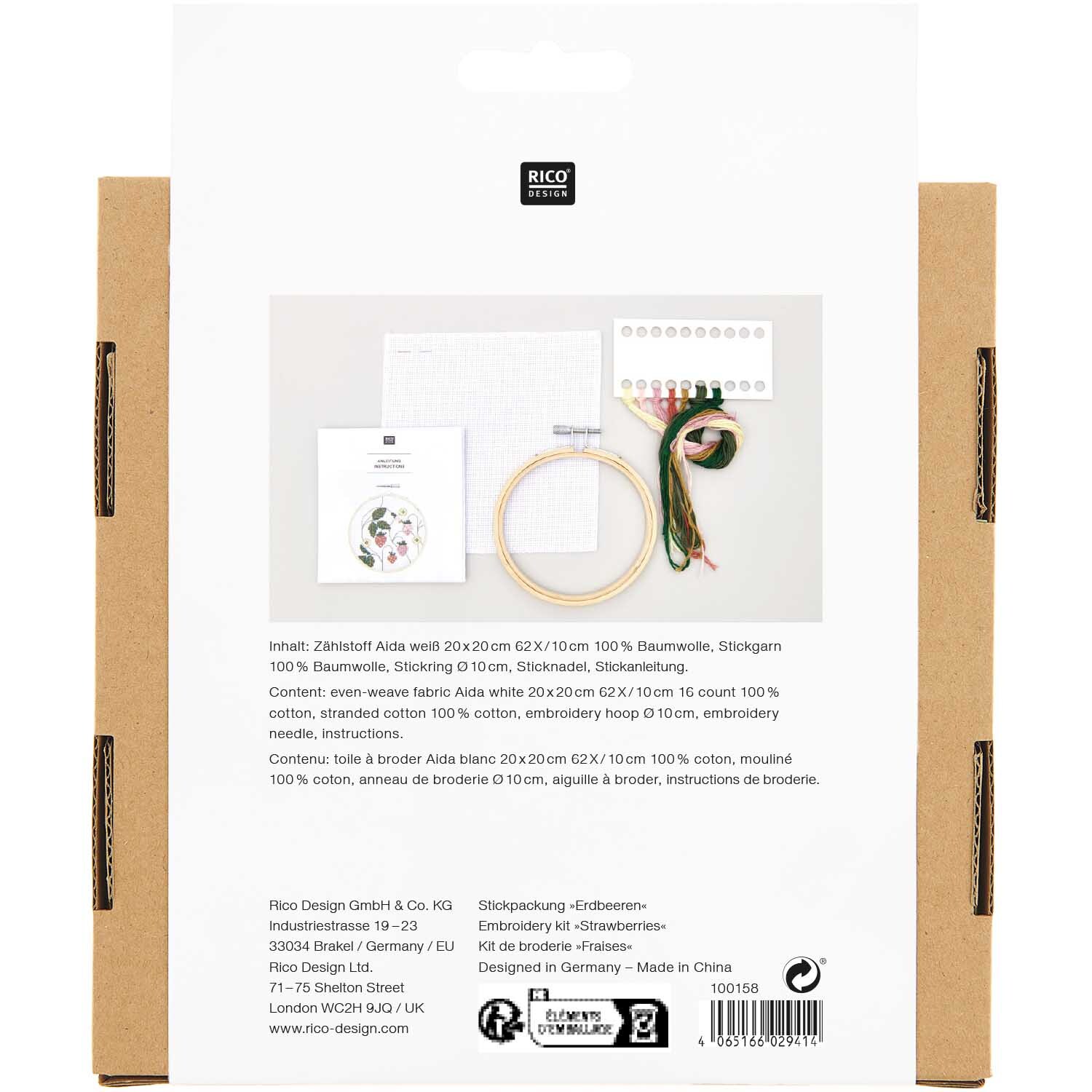 Paquet à broder image fraises Ø10cm from Rico Design Stickpackung Bild Erdbeeren Ø10cm von Rico Design zeigt Stickmaterialien und Anleitung auf weißem Hintergrund. Ideal für kreative Handarbeiten.