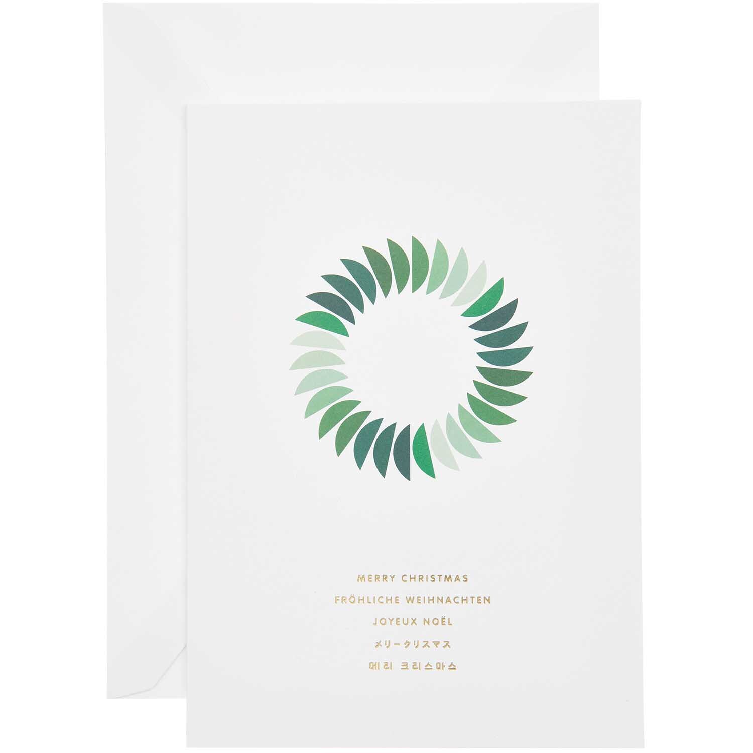 Paper Poetry Kartenset Kranz A5 weiß mit grünem Kranzmotiv und mehrsprachigem Weihnachtsgruß.