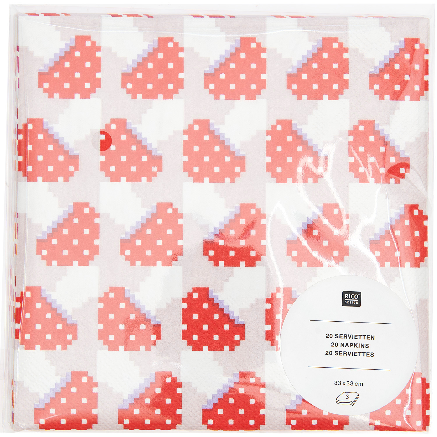 Servietten Fliegenpilz Pixel Puder 33x33cm 20 Stück von Rico Design Servietten Fliegenpilz Pixel Puder mit rotem Pilzmuster, 33x33cm, 20 Stück von Rico Design.