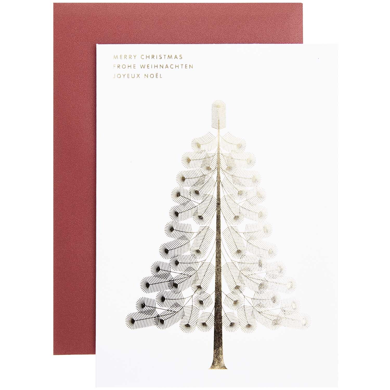 Paper Poetry Grußkarte Tanne weiß B6 zeigt eine stilisierte weiße Tanne auf rotem Hintergrund.