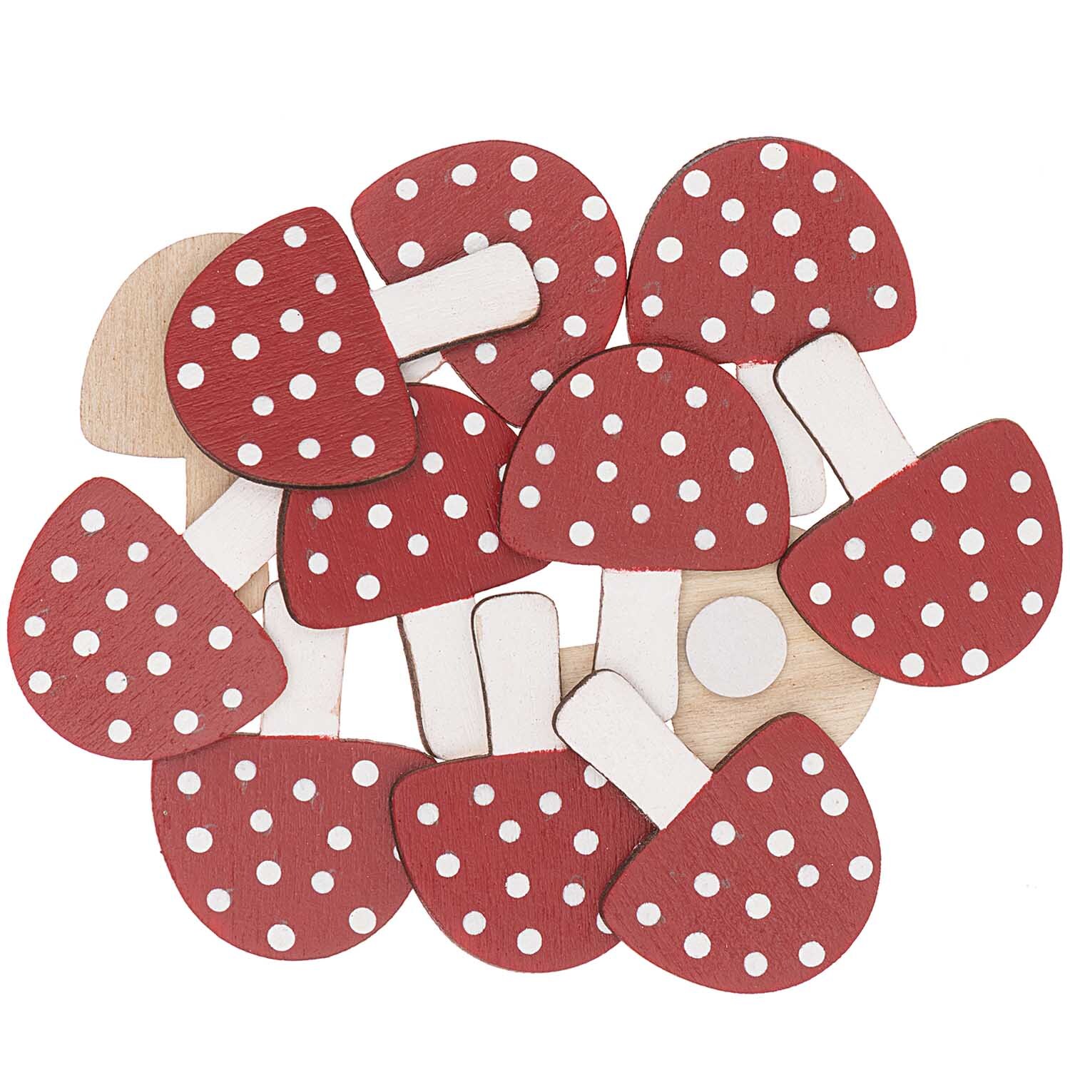 Holzsticker Pilz rot-weiß 12 Stück von Rico Design: Rote Pilzsticker mit weißen Punkten, ideal für kreative Bastelprojekte.