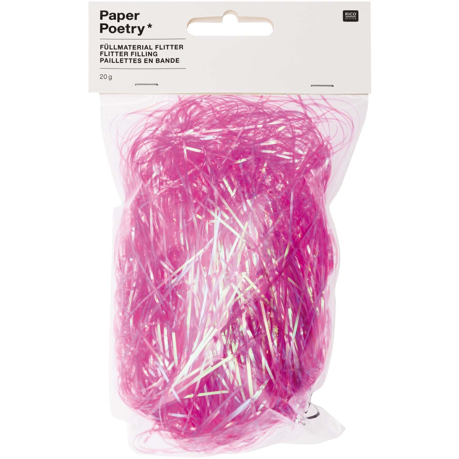 Paper Poetry Füllmaterial Flitter 20g Farbe Pink von Rico Design Paper Poetry Füllmaterial Flitter in Pink von Rico Design, verpackt in einer transparenten Tüte. Ideal für kreative Dekorationen.