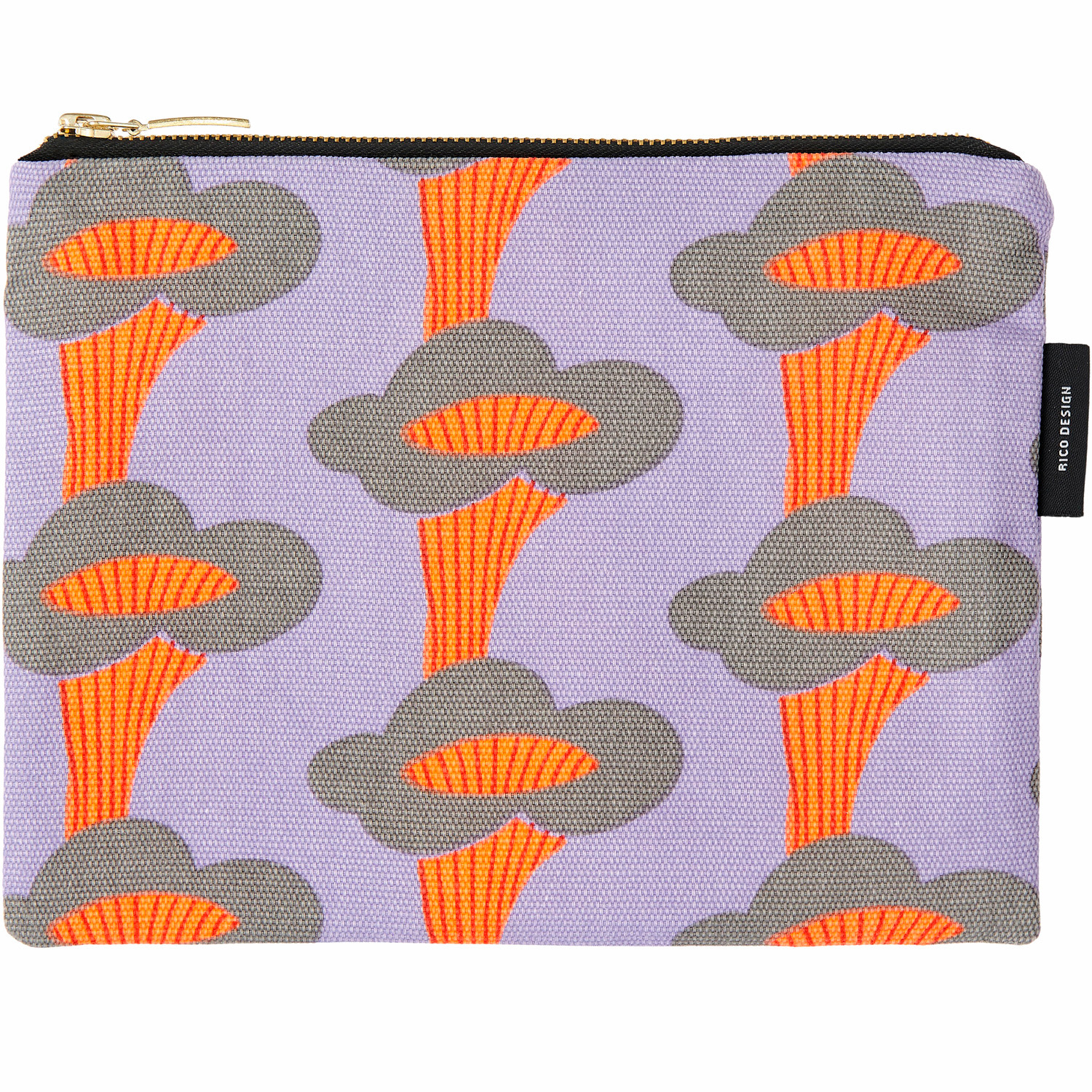 Canvas-Pouches Pfifferlinge Neon Flieder, 17x23cm, mit auffälligem Muster in Orange und Grau.