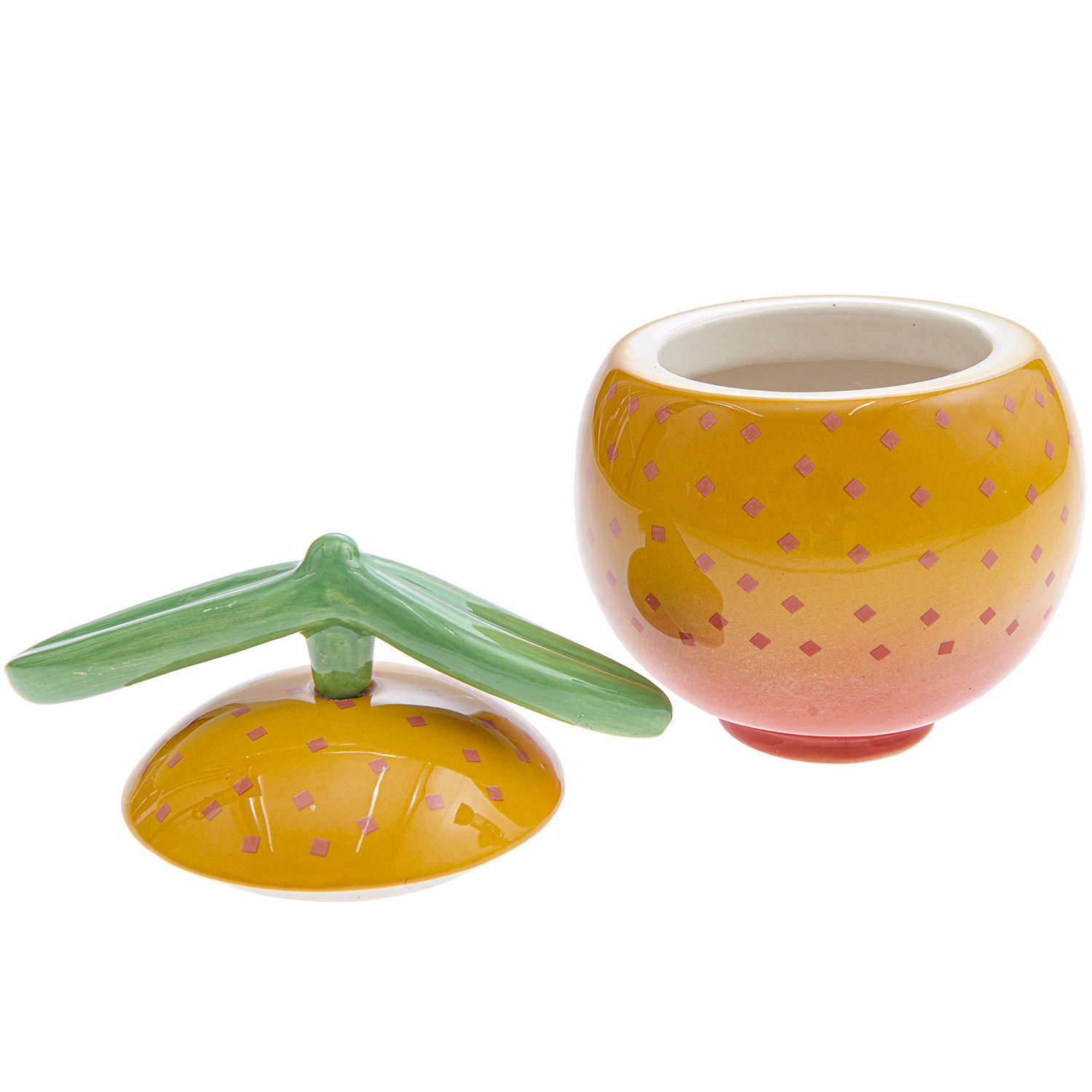 Keramik Dose Orange 12,5cm von Rico Design Keramik Dose Orange 12,5cm von Rico Design. Runde, orangefarbene Dose mit abnehmbarem Deckel und grünem Griff. Ideal für stilvolle Aufbewahrung.