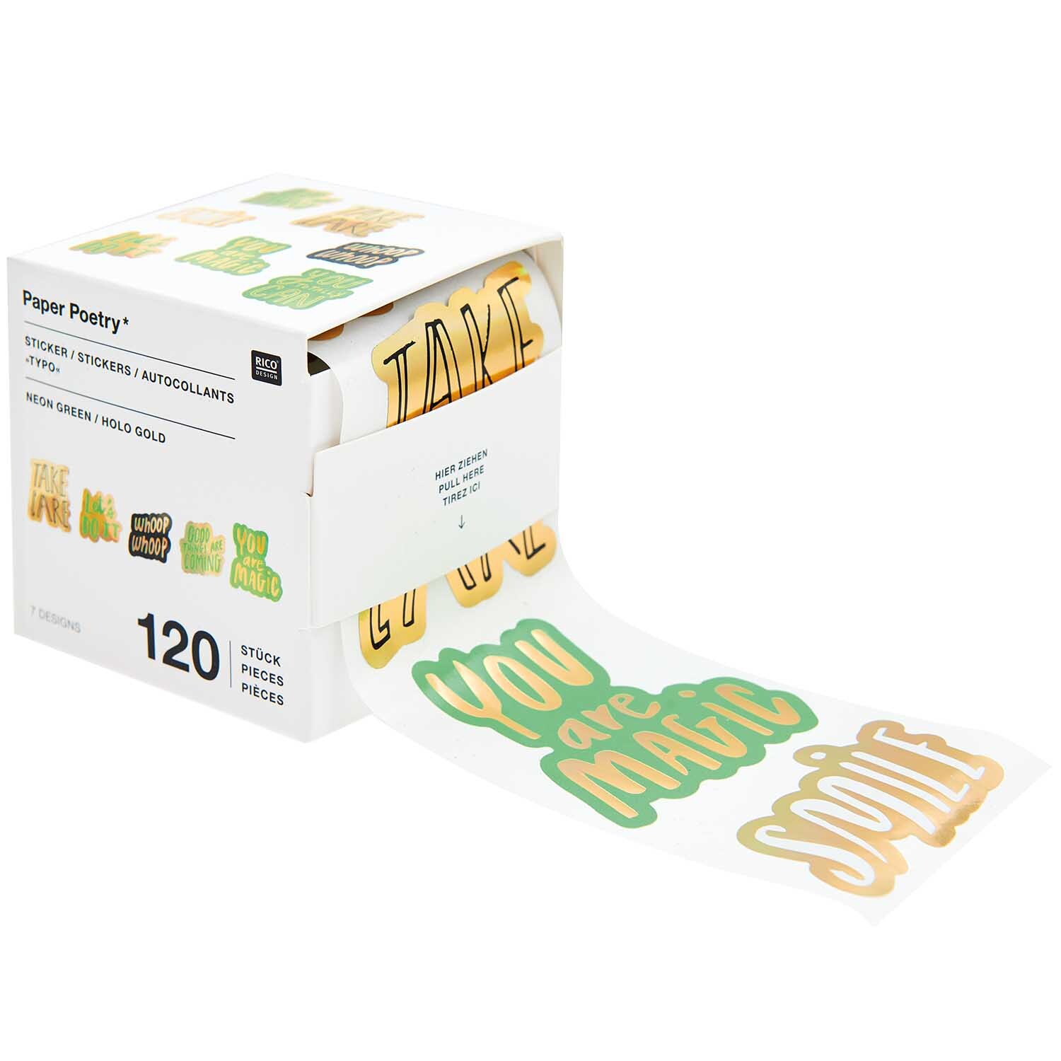 Paper Poetry Sticker Typo Ø 5cm 120 Stück auf der Rolle zeigt bunte, motivierende Sprüche in Grün und Gold auf einer Rolle. Ideal für kreative Projekte.