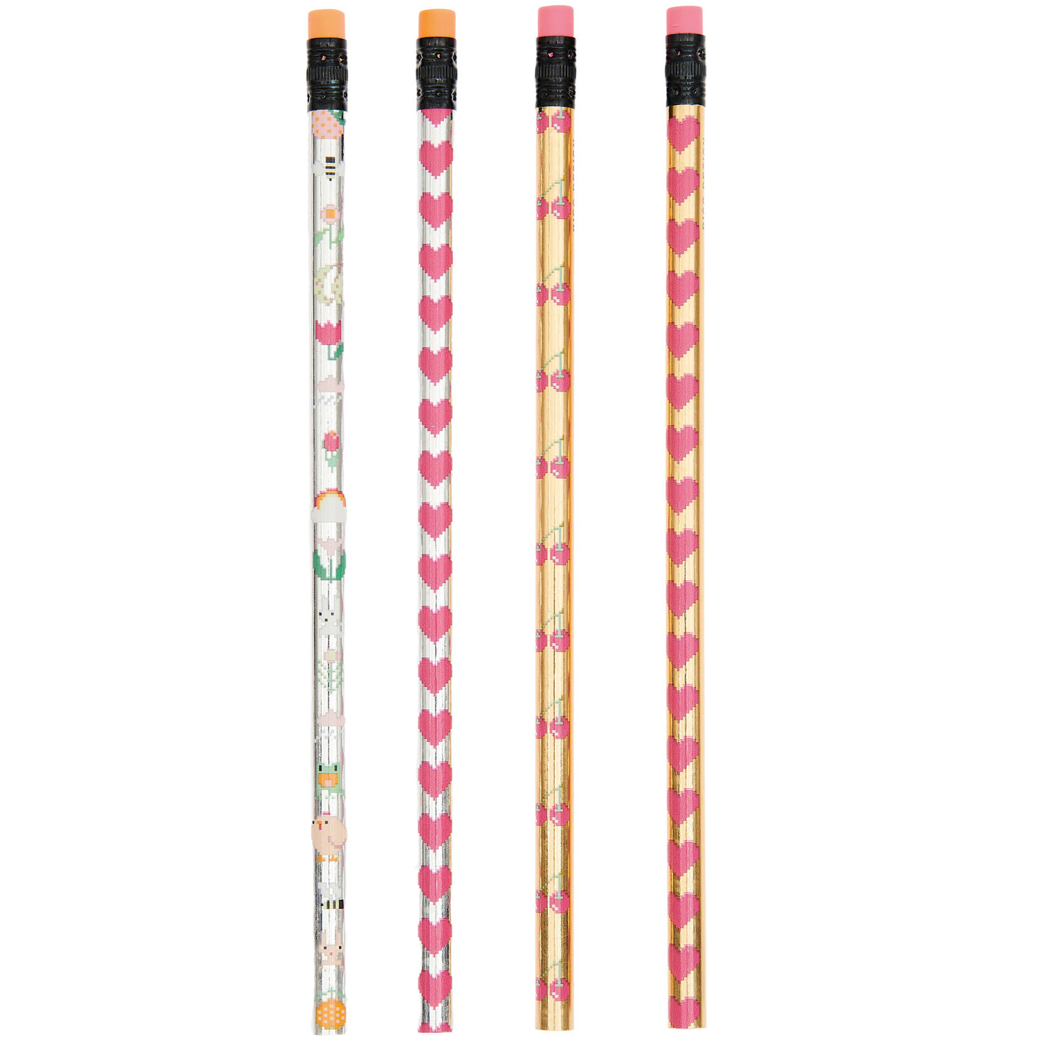 Paper Poetry Bleistift-Set Futschikato Pixel, 4 Stück, mit bunten Mustern und Radiergummis. Ideal für kreative Schreibprojekte.