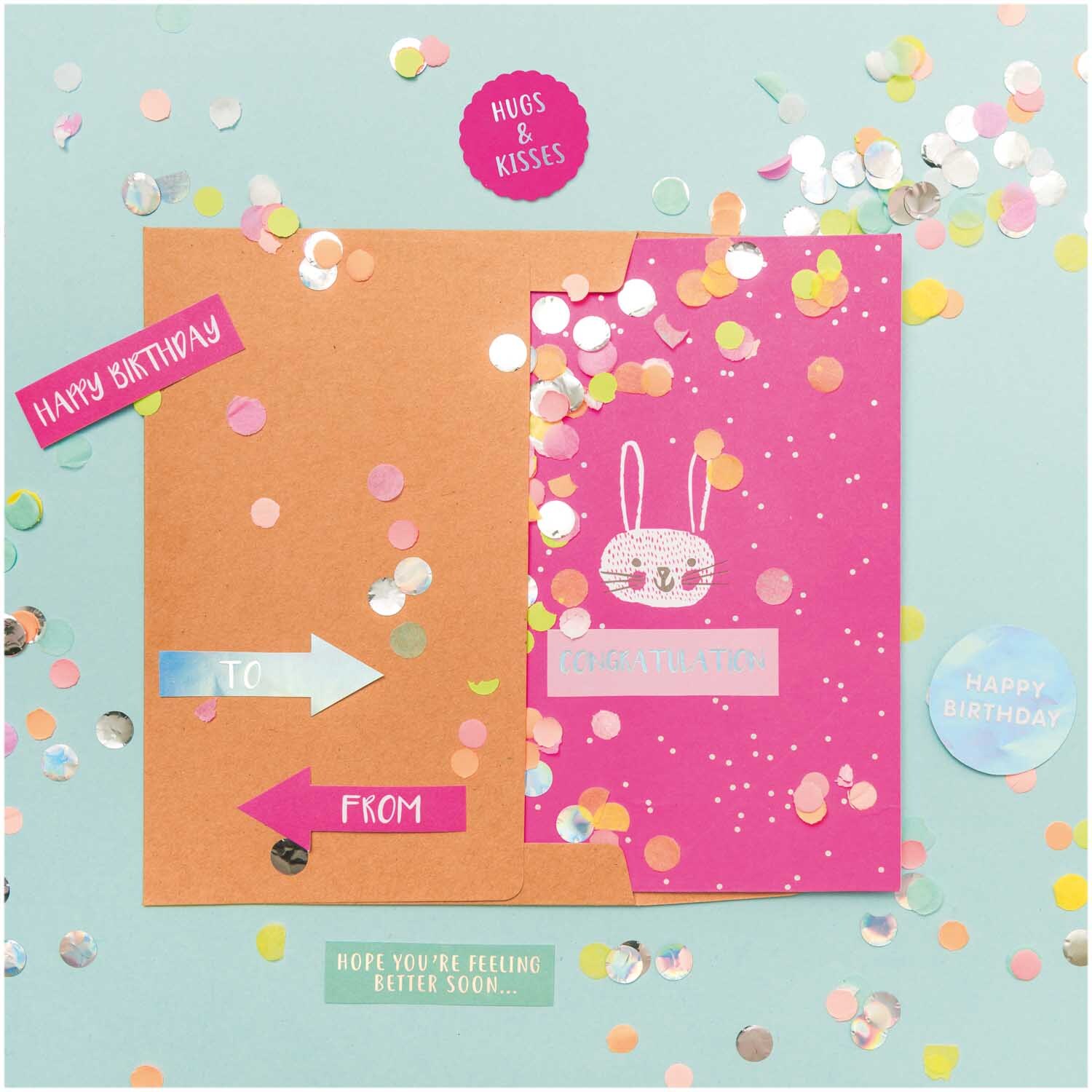 Paper Poetry Grußkartenset Wonderland Hasengesicht von Rico Design Paper Poetry Grußkartenset Wonderland Hasengesicht mit buntem Konfetti und liebevollen Botschaften auf einer Karte von Rico Design.