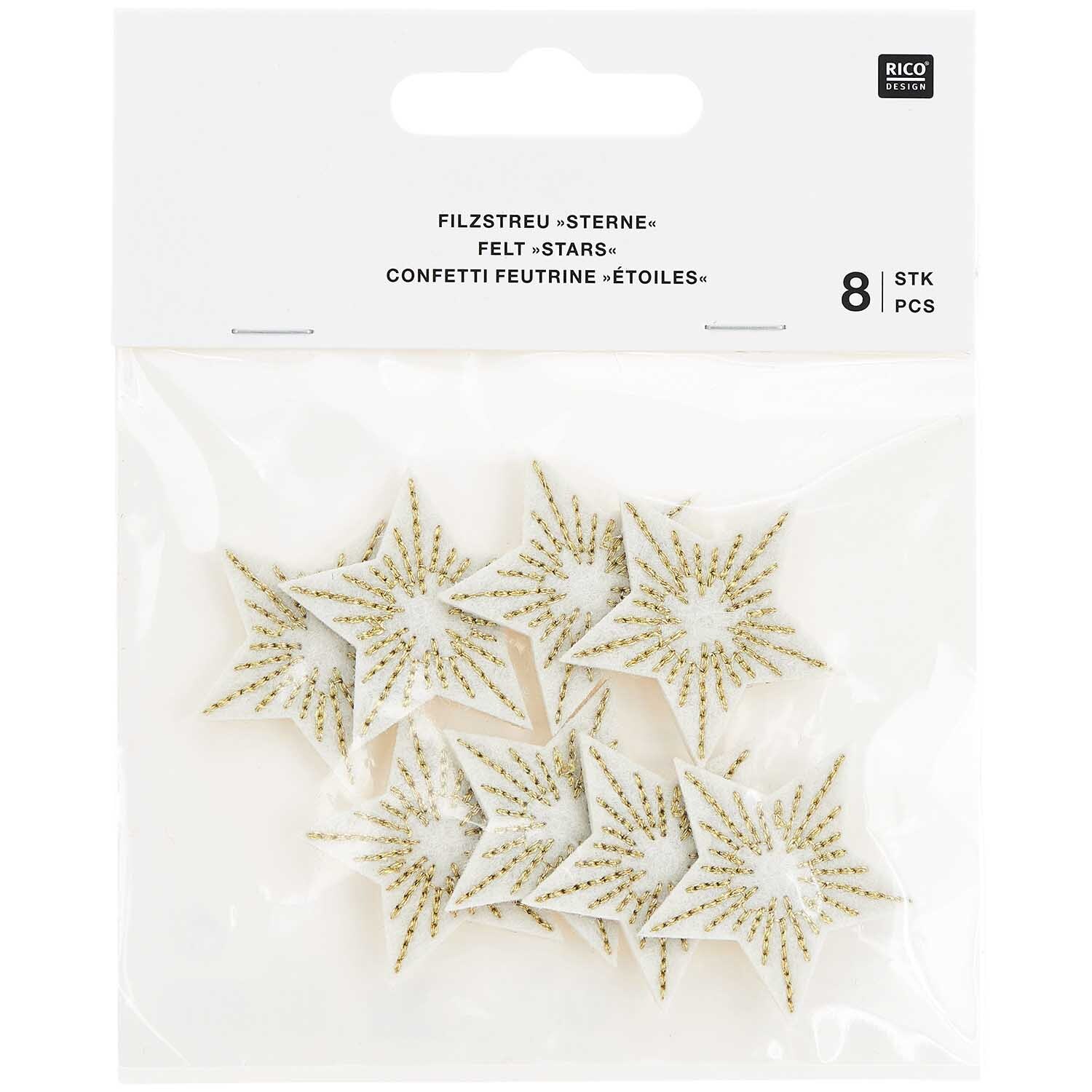 Filzstreu Sterne bestickt 3,5x3,3cm 8 Stück Farbe Weiß-Gold von Rico Design