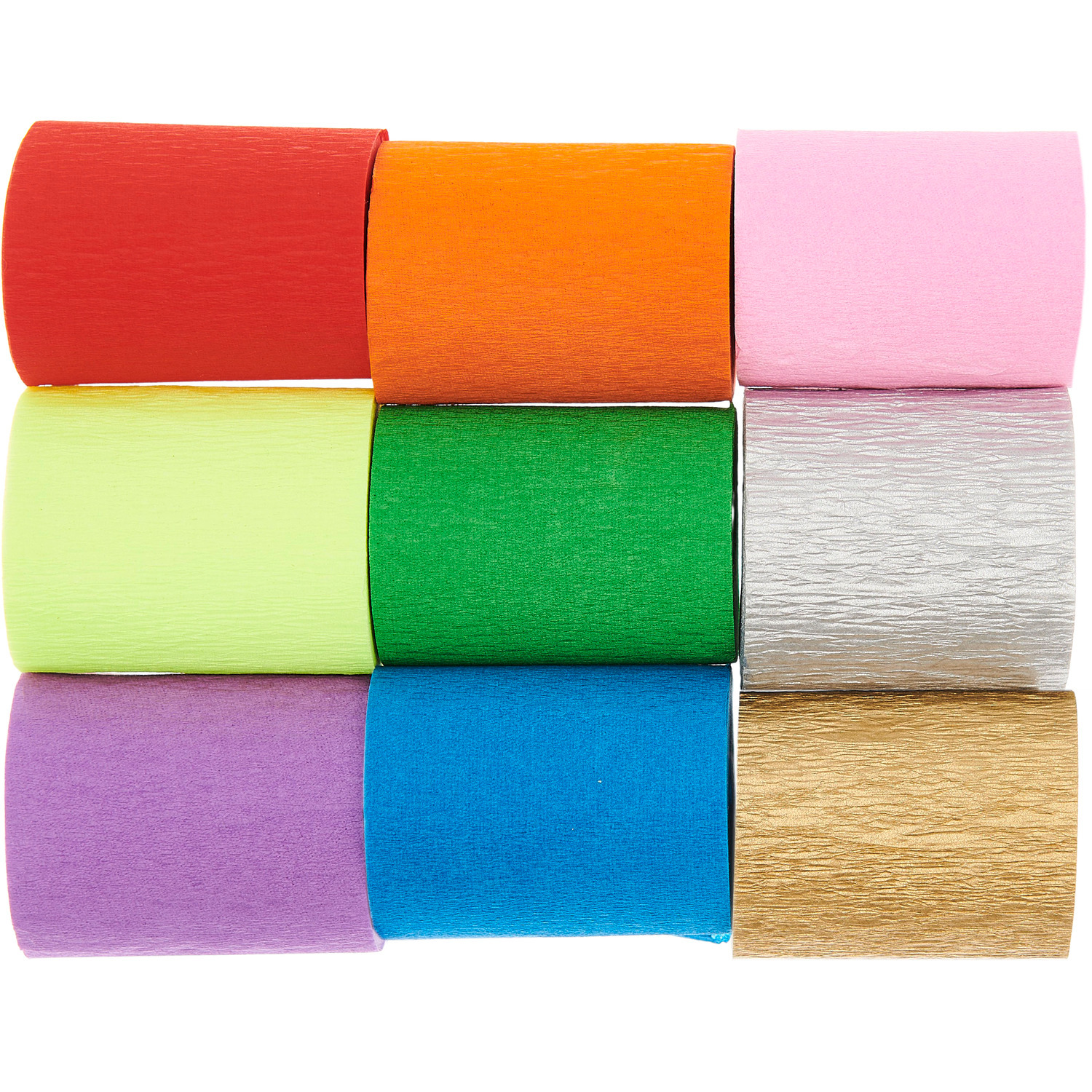 Kreppbänder extra breit Regenbogen Klassik Mix, 9 Stück, in leuchtenden Farben, ideal für kreative Projekte.