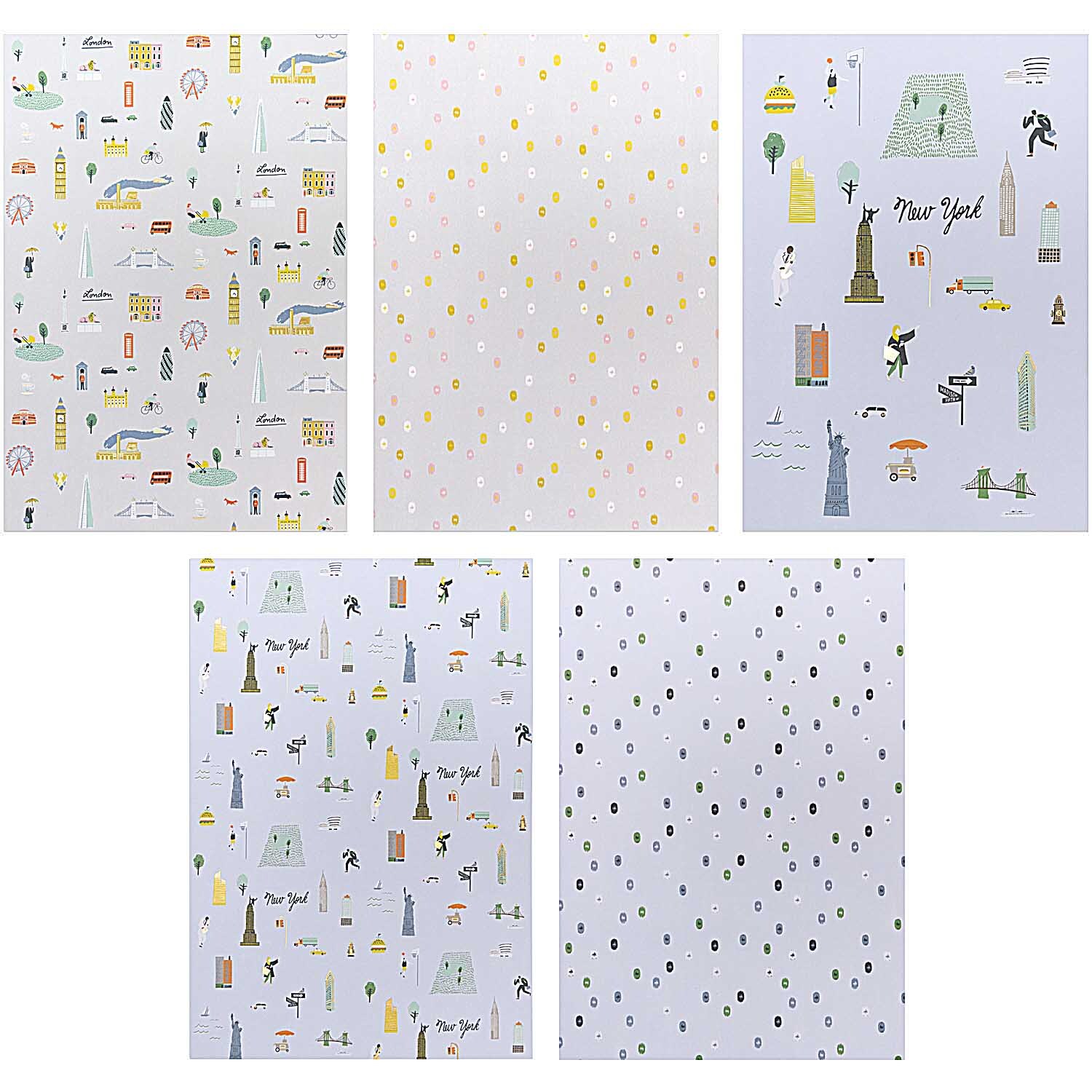 Paper Poetry Motivpapierblock Travel the World zeigt bunte Reise-Motive und Symbole auf fünf Blättern. Ideal für kreative Projekte.